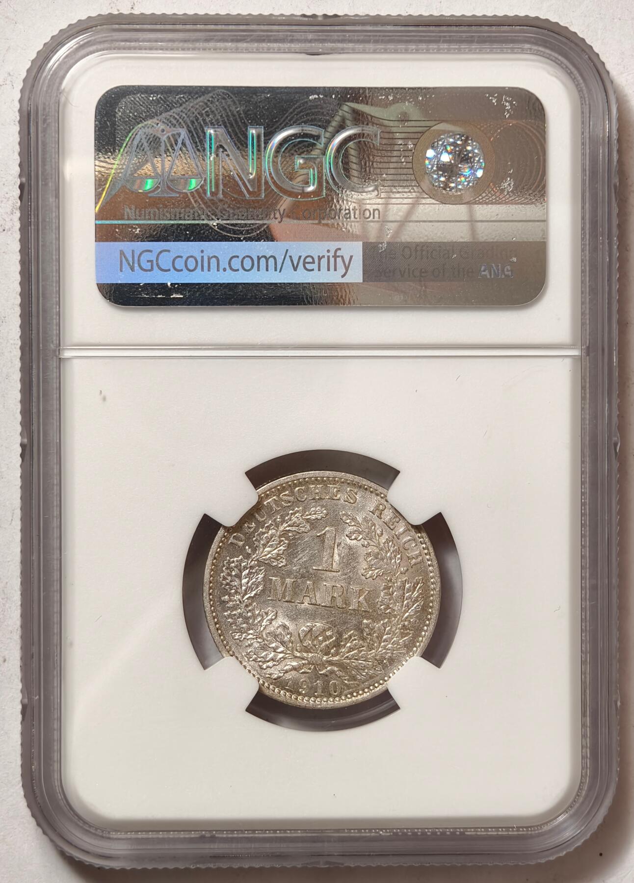 紫瑗钱币——第464期 德国 1910年 D版 第二帝国 长翅 1马克 银币 NGC MS61
