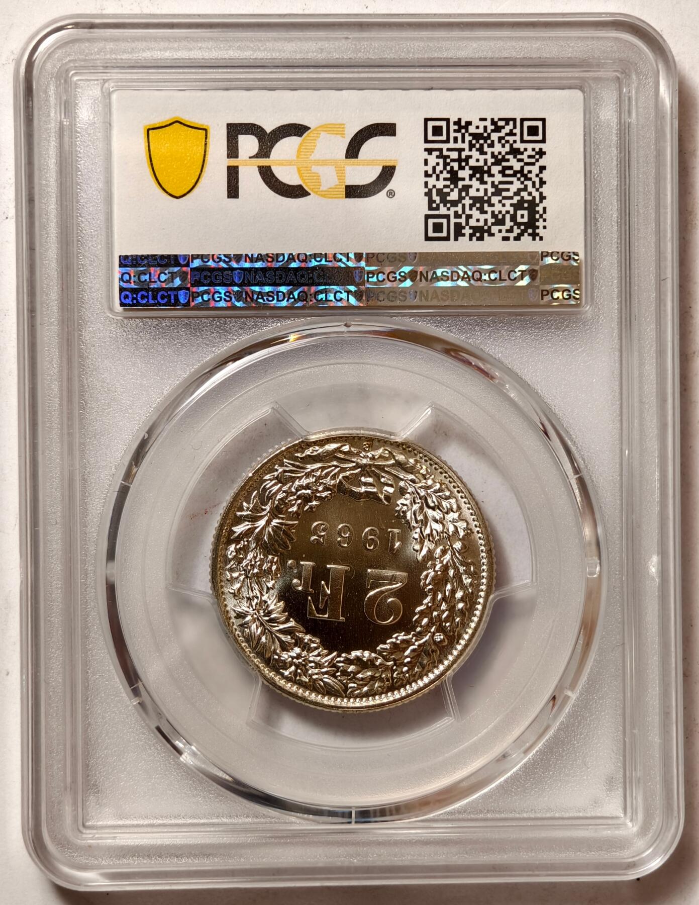 紫瑗钱币——第464期 瑞士 1965年 B版 赫尔维蒂亚 2法郎 银币 PCGS MS66