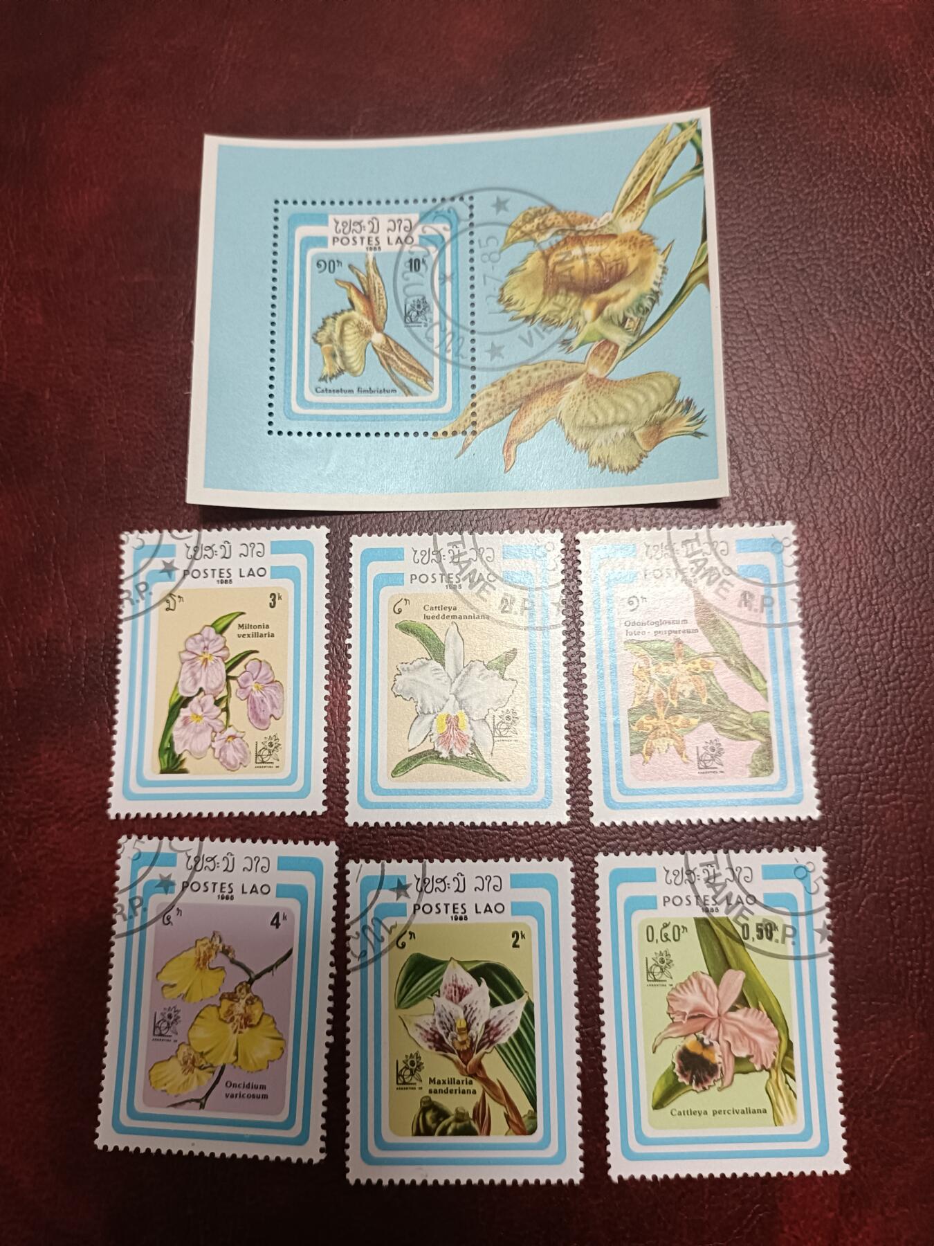 31外国邮票 老挝1985年 花卉 兰花 邮票6枚+小型张 盖销 所见即所得