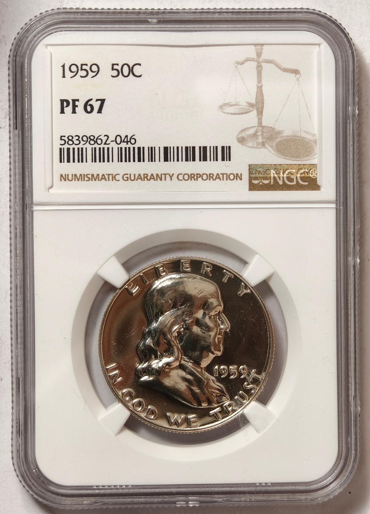 紫瑗钱币——第464期 美国 1959年 富兰克林 50美分 半美元 12.5克 0.9银 NGC PF67