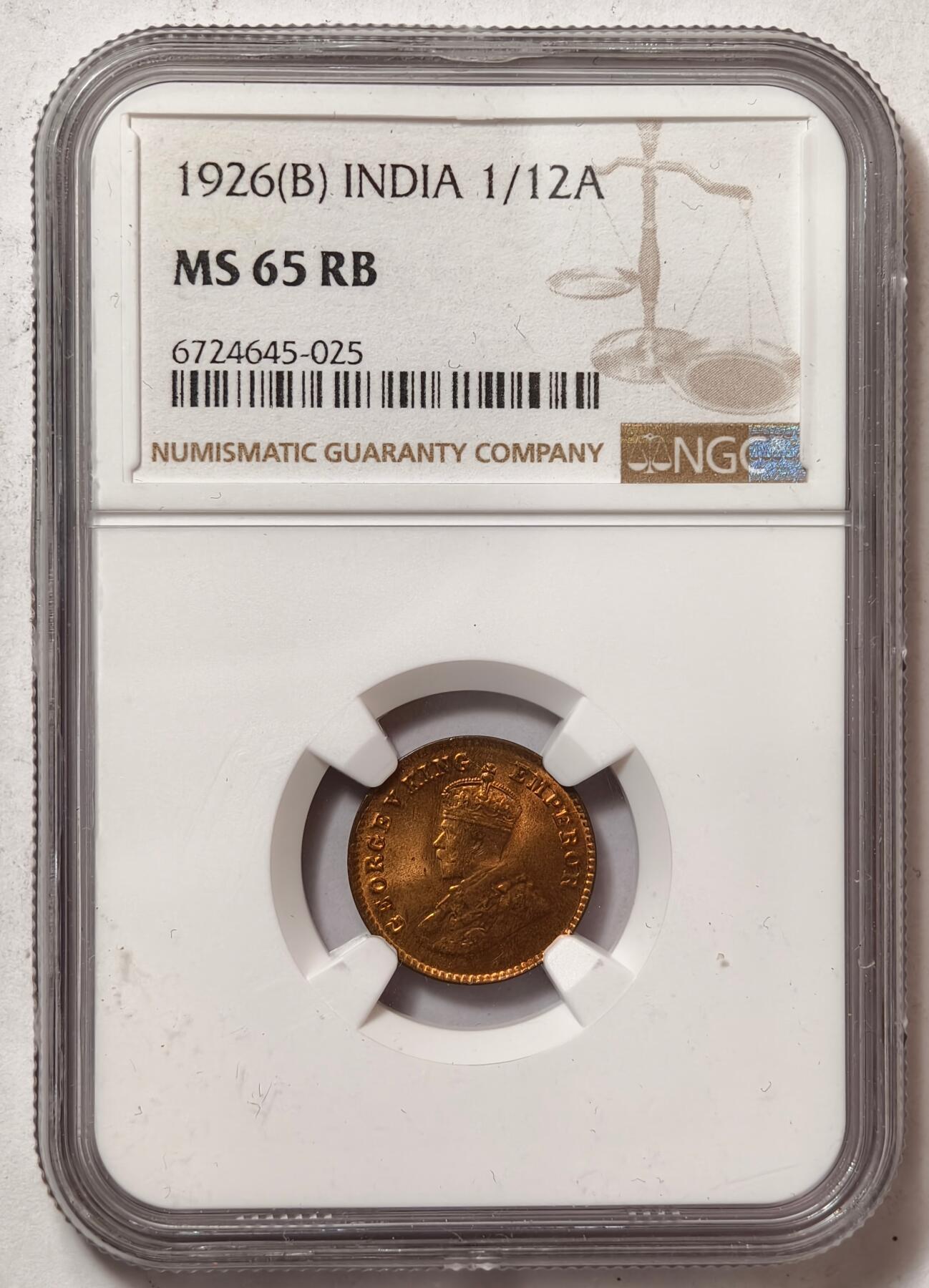 紫瑗钱币——第464期 英属印度 1926年 B版 乔治五世 1/12安娜 铜币 NGC MS65RB