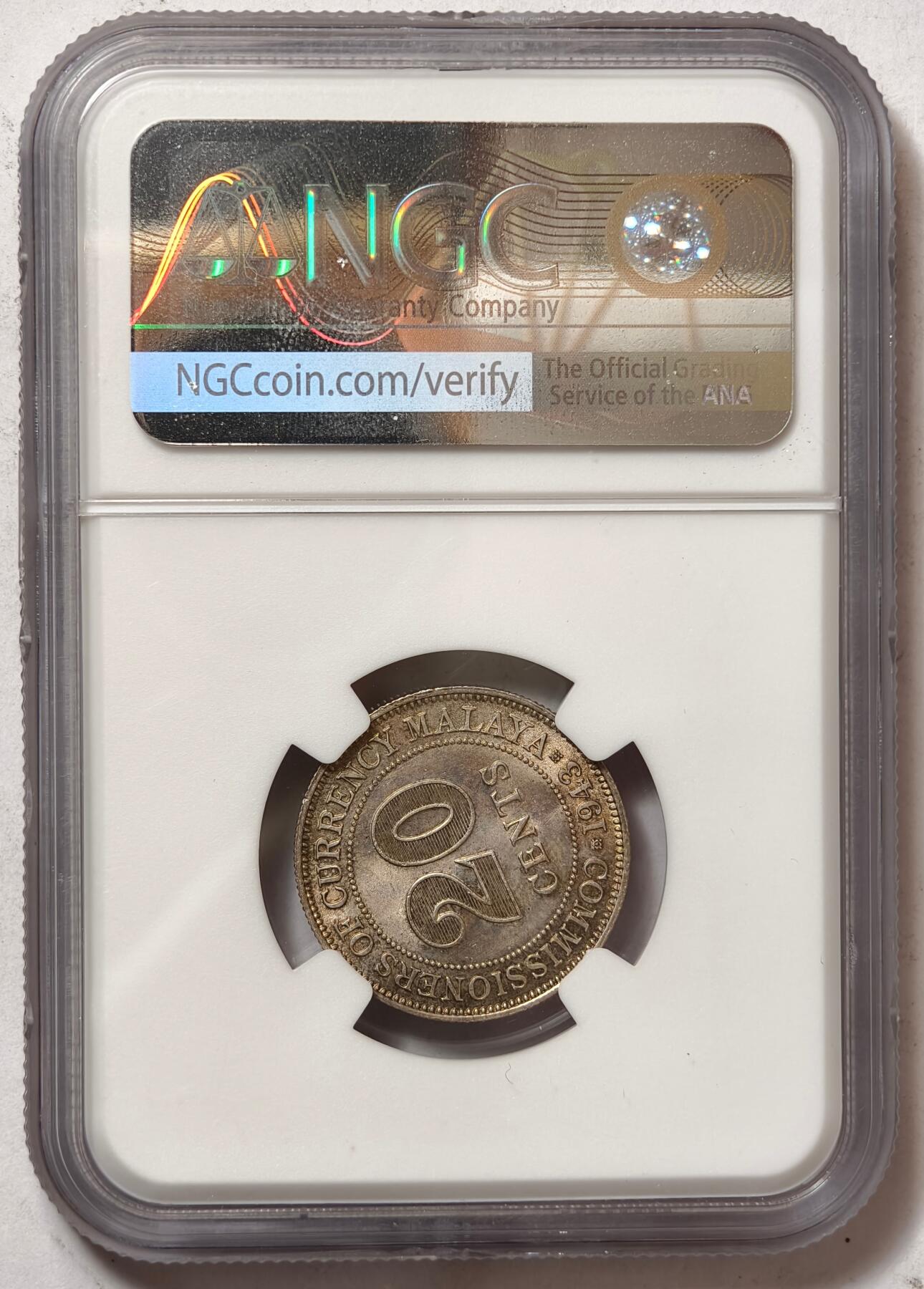 紫瑗钱币——第464期 马来亚 1943年 乔治六世 20分 银币 NGC MS62