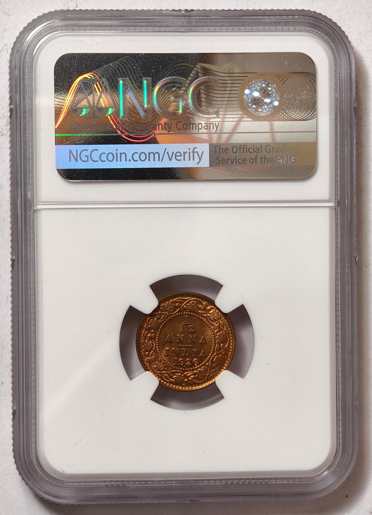 紫瑗钱币——第464期 英属印度 1926年 B版 乔治五世 1/12安娜 铜币 NGC MS65RB