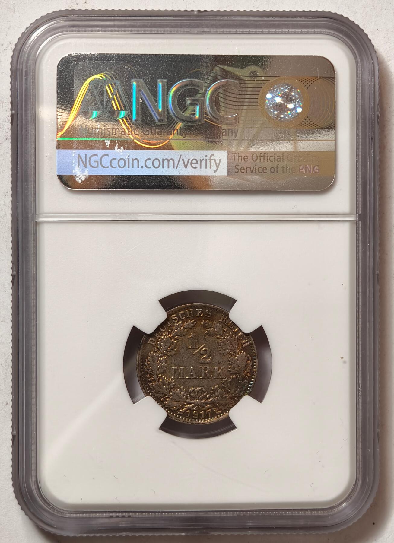 紫瑗钱币——第464期 德国 1917年 A版 第二帝国 1/2马克 银币 NGC MS61