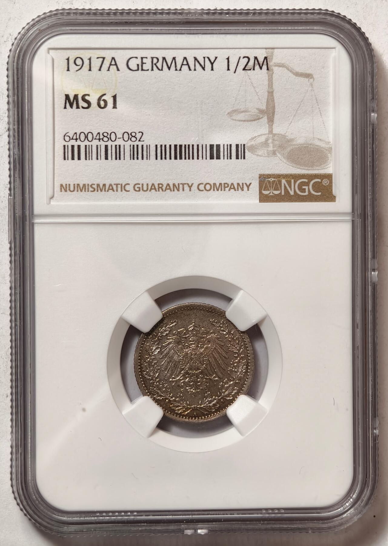紫瑗钱币——第464期 德国 1917年 A版 第二帝国 1/2马克 银币 NGC MS61
