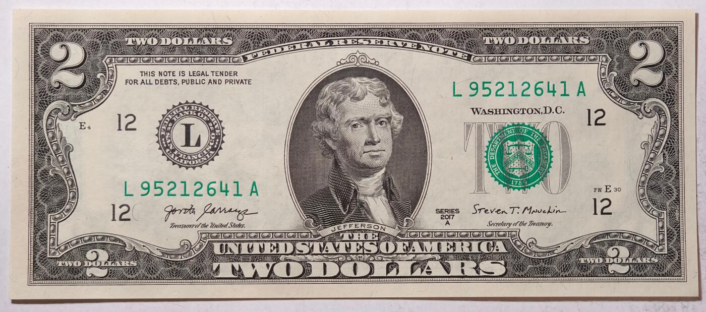紫瑗钱币——第463期——纸币场 美国 2017年 L版 A序列 托马斯.杰斐逊 2美元 UNC 刀拆货