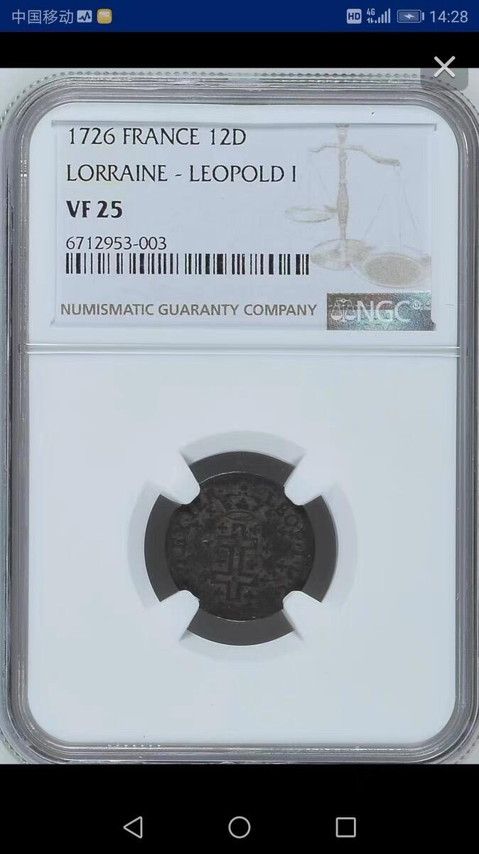 NGC-VF25法国-洛林1726年利奥波德一世12德尼耶银币