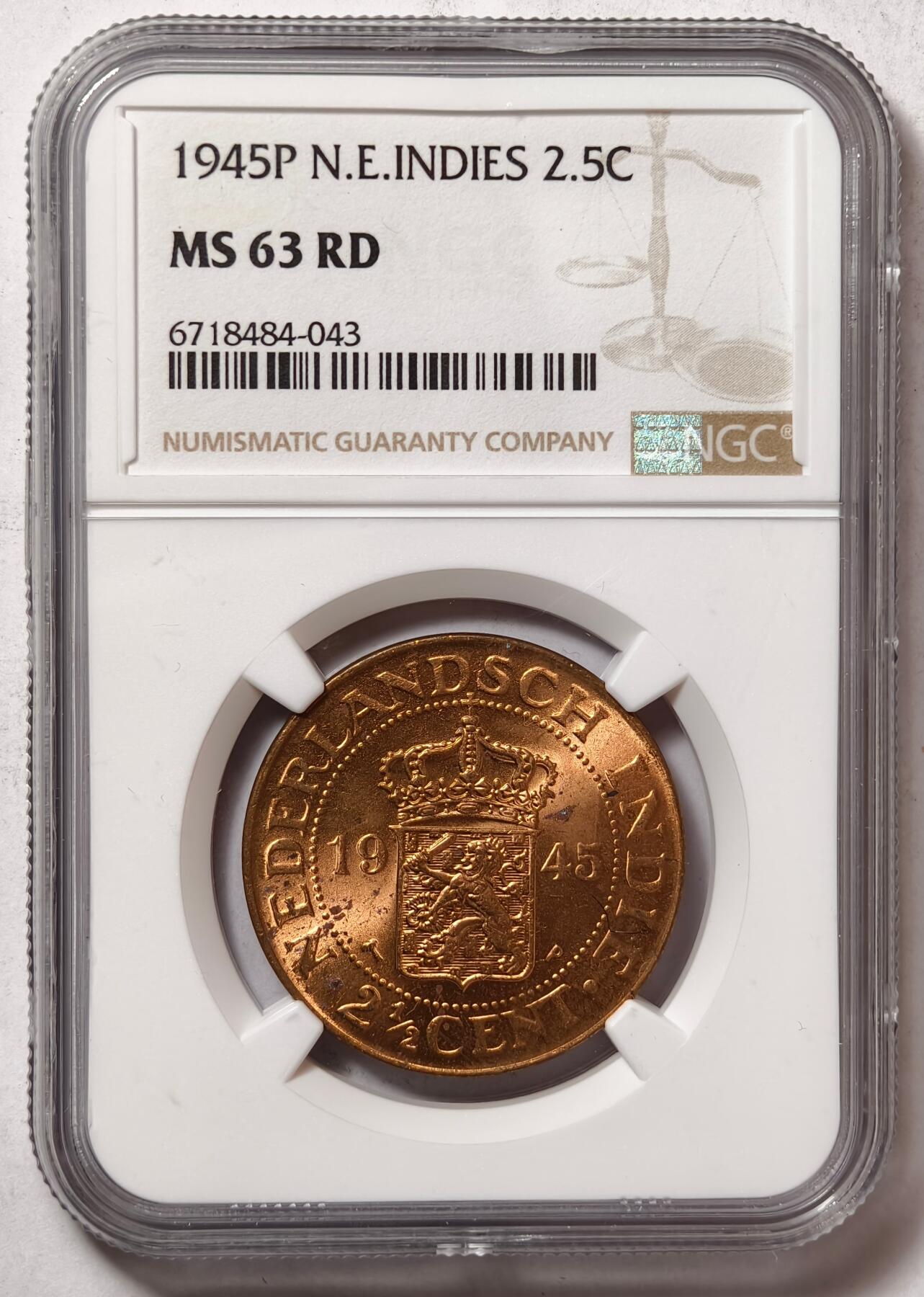 紫瑗钱币——第448期 荷属东印度 1945年 P版 2.5分 铜币 NGC MS63 RD