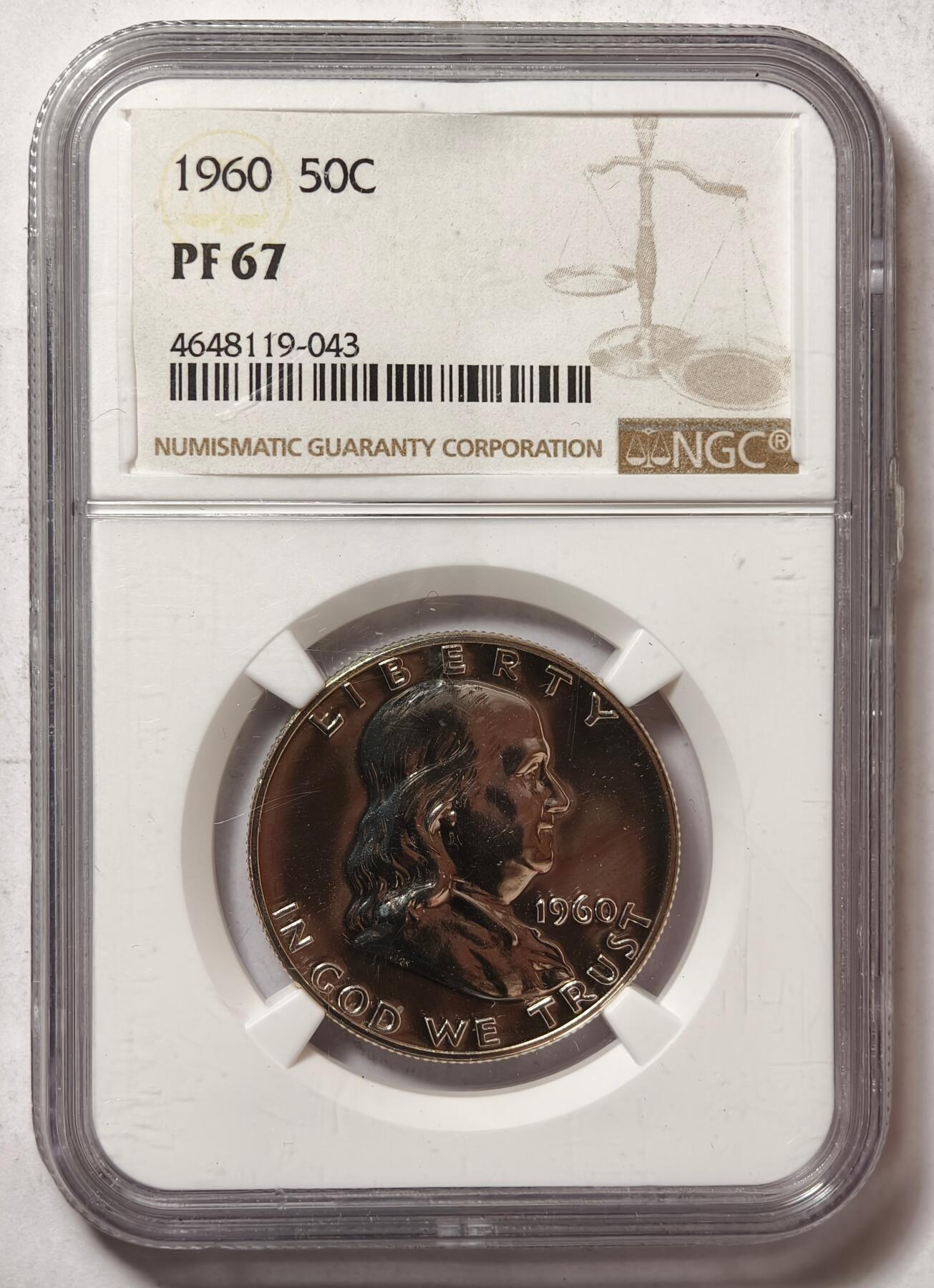 紫瑗钱币——第448期 美国 1960年 富兰克林 50美分 半美元 12.5克 0.9银 NGC PF67