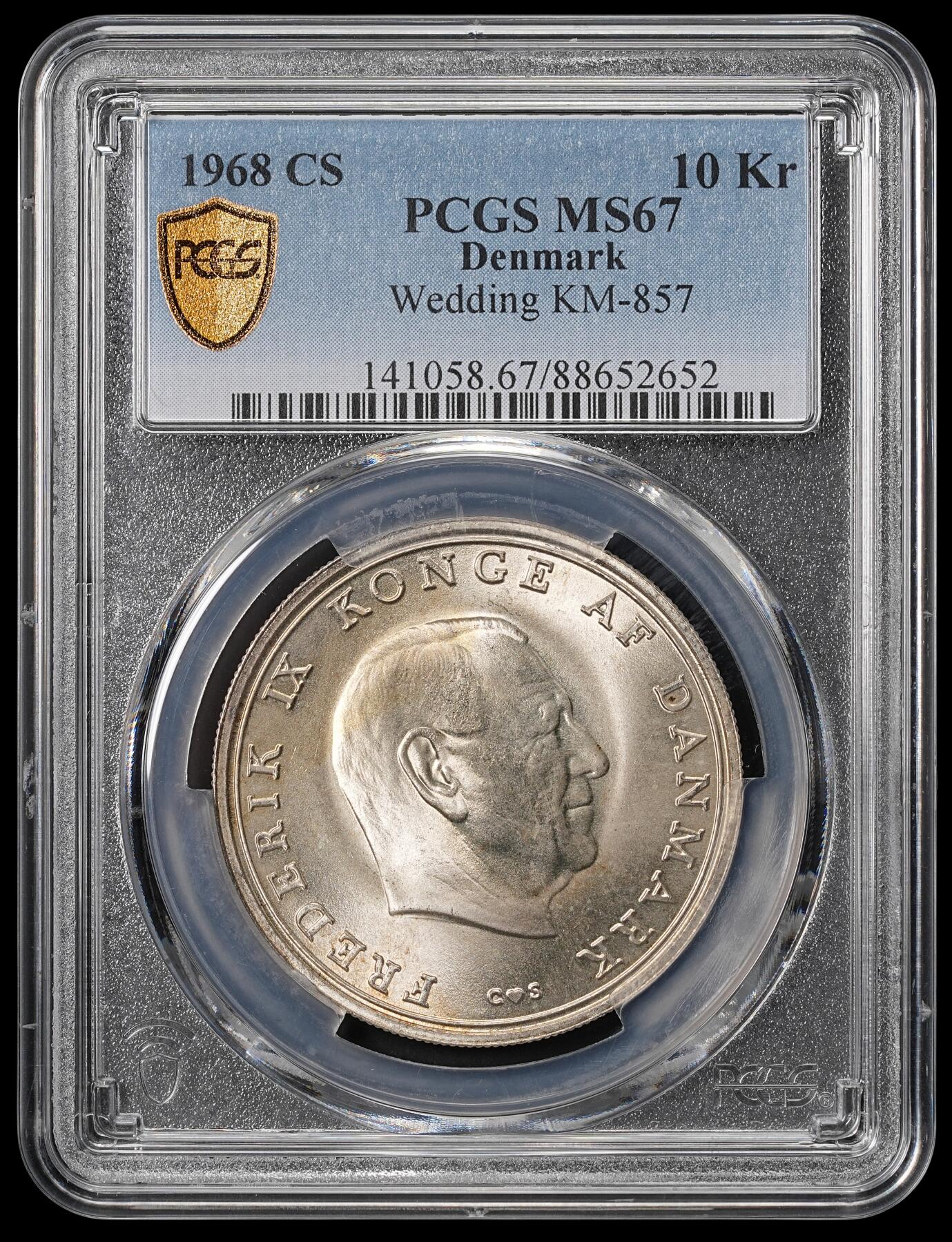 修遠堂世界钱币第四十六期 全场包邮 PCGS MS67 1968年丹麦公主本尼迪克特结婚纪念10克朗银币 20.40g，含银80%