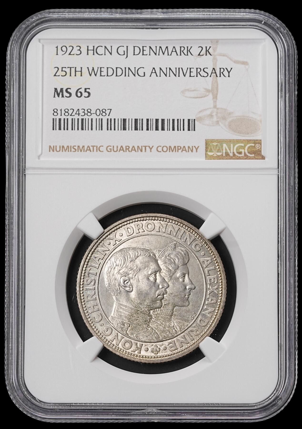 修遠堂世界钱币第四十六期 全场包邮 NGC MS65 1923年丹麦国王银婚纪念2克朗银币