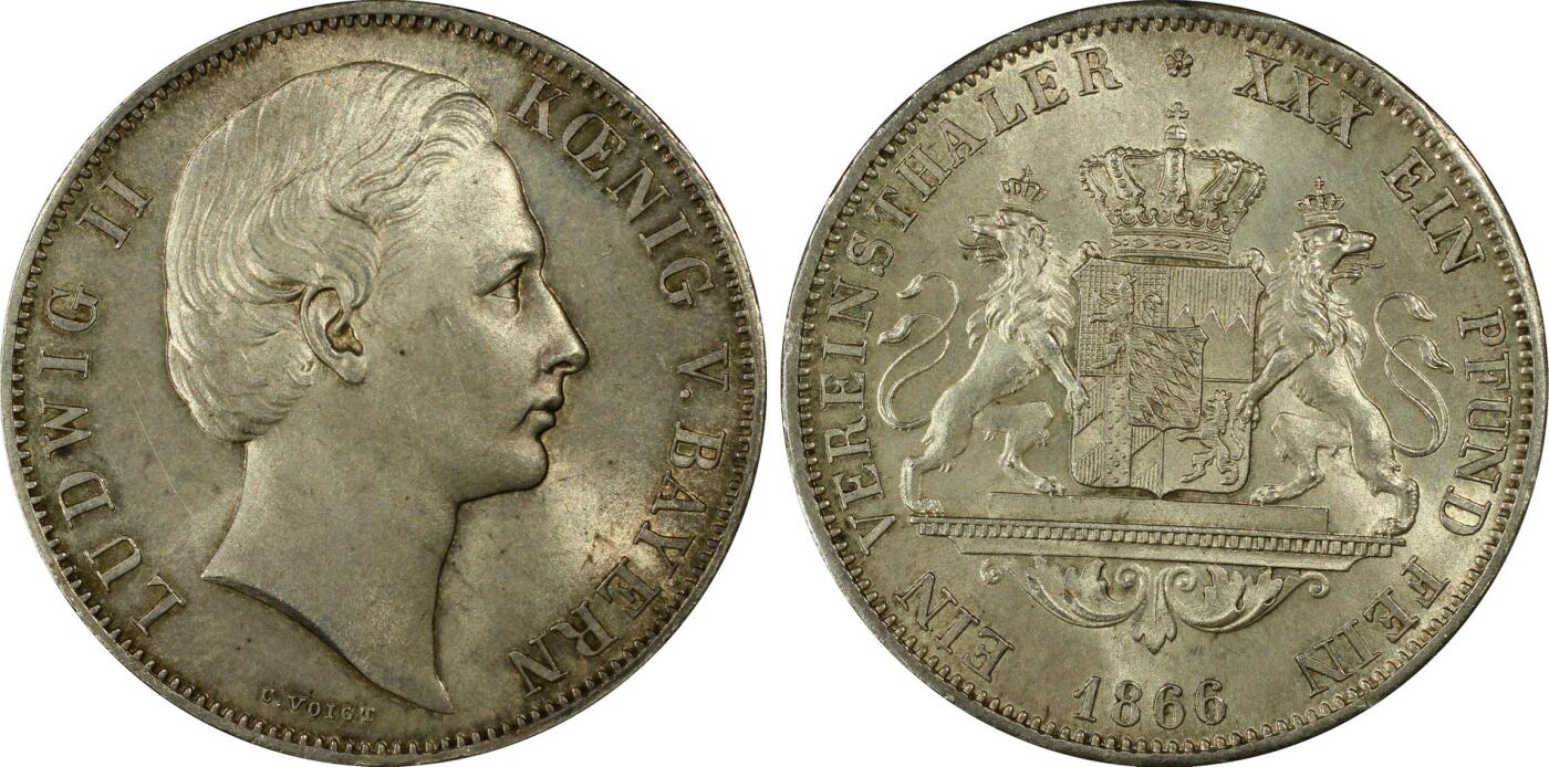 万国钱币拍卖第036期 PCGS MS65 1866年德国巴伐利亚路德维希二世双狮盾徽流通1泰勒 高分极难的品种 顶级黄油转光 一步到位的收藏级状态 PC冠军分