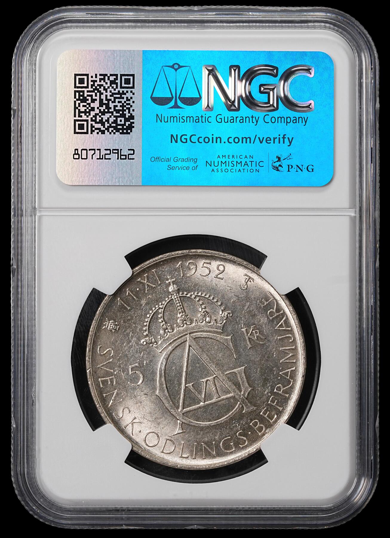 修遠堂世界钱币第四十六期 全场包邮 NGC MS64 1952年瑞典国王斯塔夫六世·阿道夫70大寿5克朗大银币