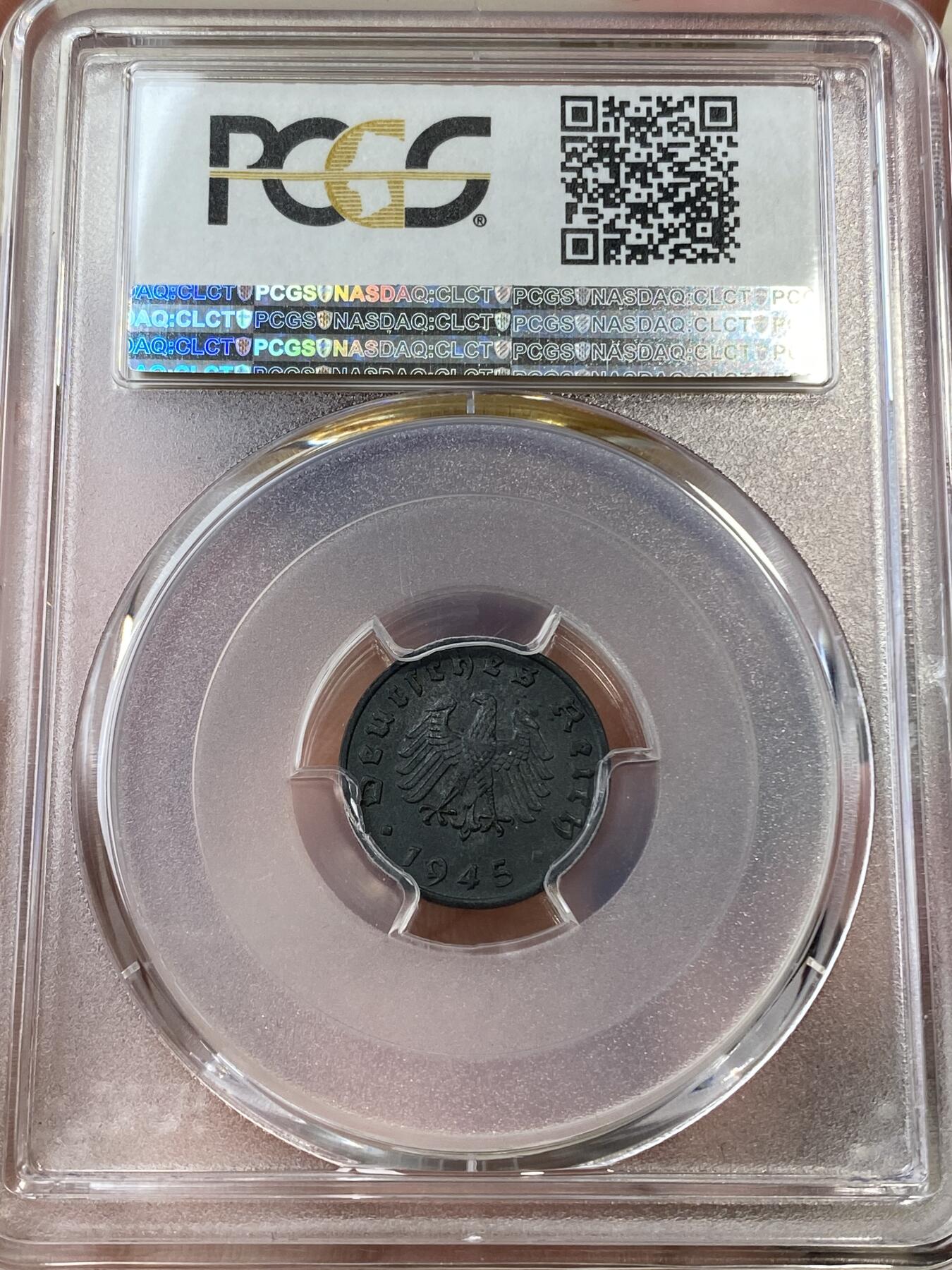 万国钱币拍卖第036期 PCGS MS62 1945F德国拔毛鹰1芬尼锌币 原味好品难得