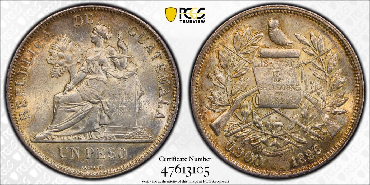 万国钱币拍卖第036期 PCGS MS63 1896/5年危地马拉女神1比索大银币 车轮转光搭配淡金包浆 骑字高分极其难得 南美潜力品种