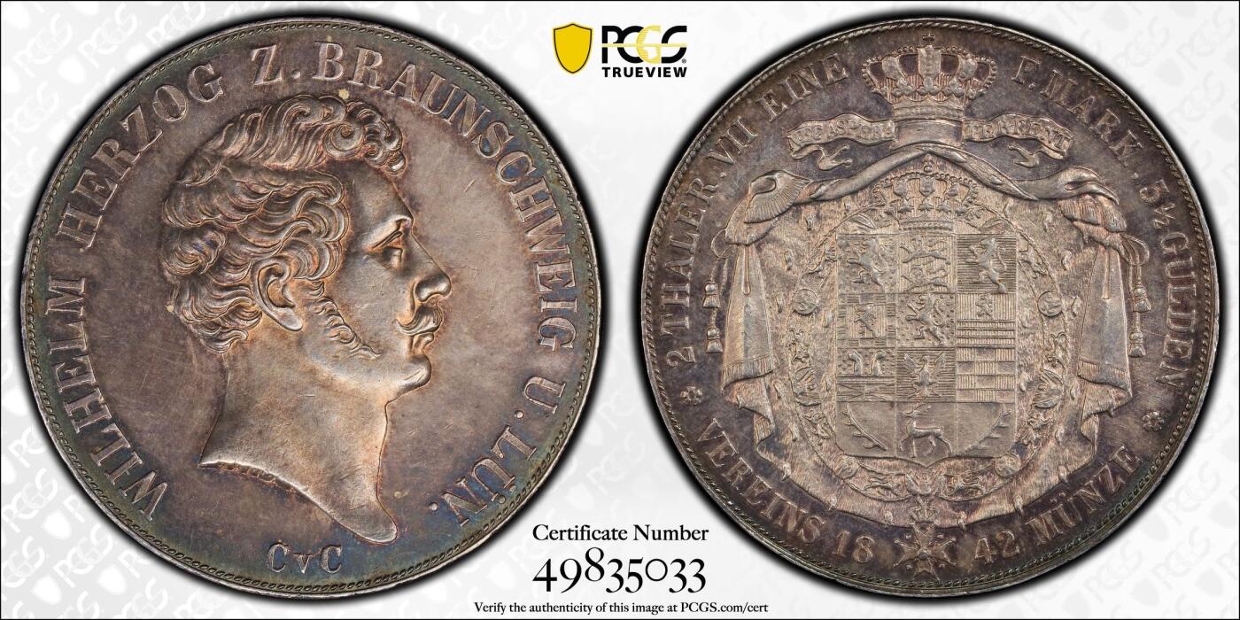 万国钱币拍卖第036期 PCGS MS61 1842年德国布伦瑞克-狼堡CVC流通2泰勒 好品极难的CVC狼堡2t，和无CVC的难度不在一个层面，全深打酱五彩状态，更高分仅1枚。