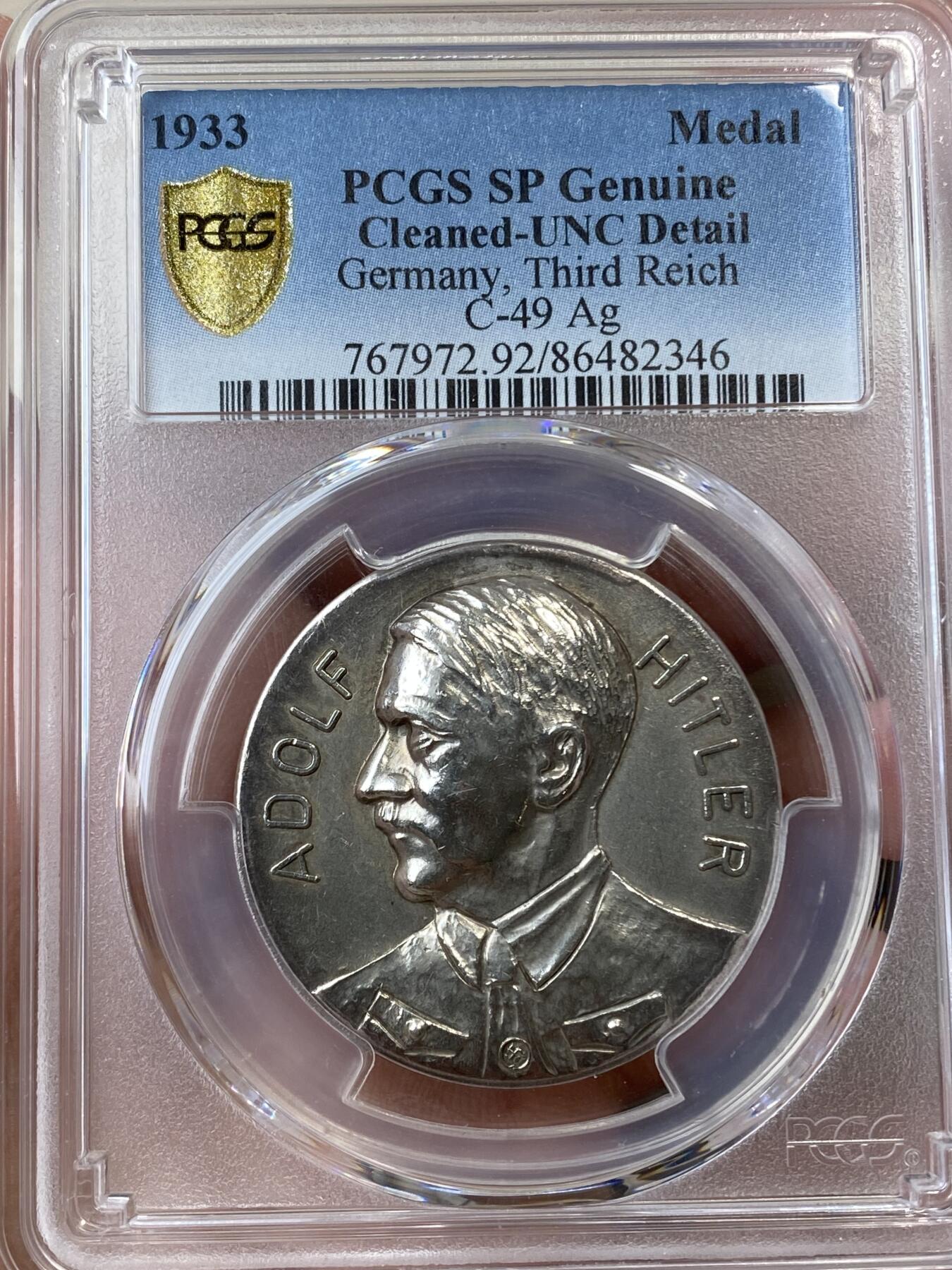 万国钱币拍卖第036期 PCGS UNCD 1933年德国民族社会主义工人党党魁当选帝国总理纪念银章 高浮雕早期年轻胡子哥 罕见品种（原图请私信后台或自行查询官网）