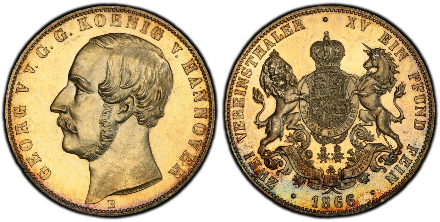 万国钱币拍卖第036期 PCGS MS62 1866年德国汉诺威狮马流通2泰勒 经典汉诺威狮马，黄金包浆加环七彩点缀，难度不小的流通2T系列，越来越贵的品种，前不久MDC的64已经3万+了。