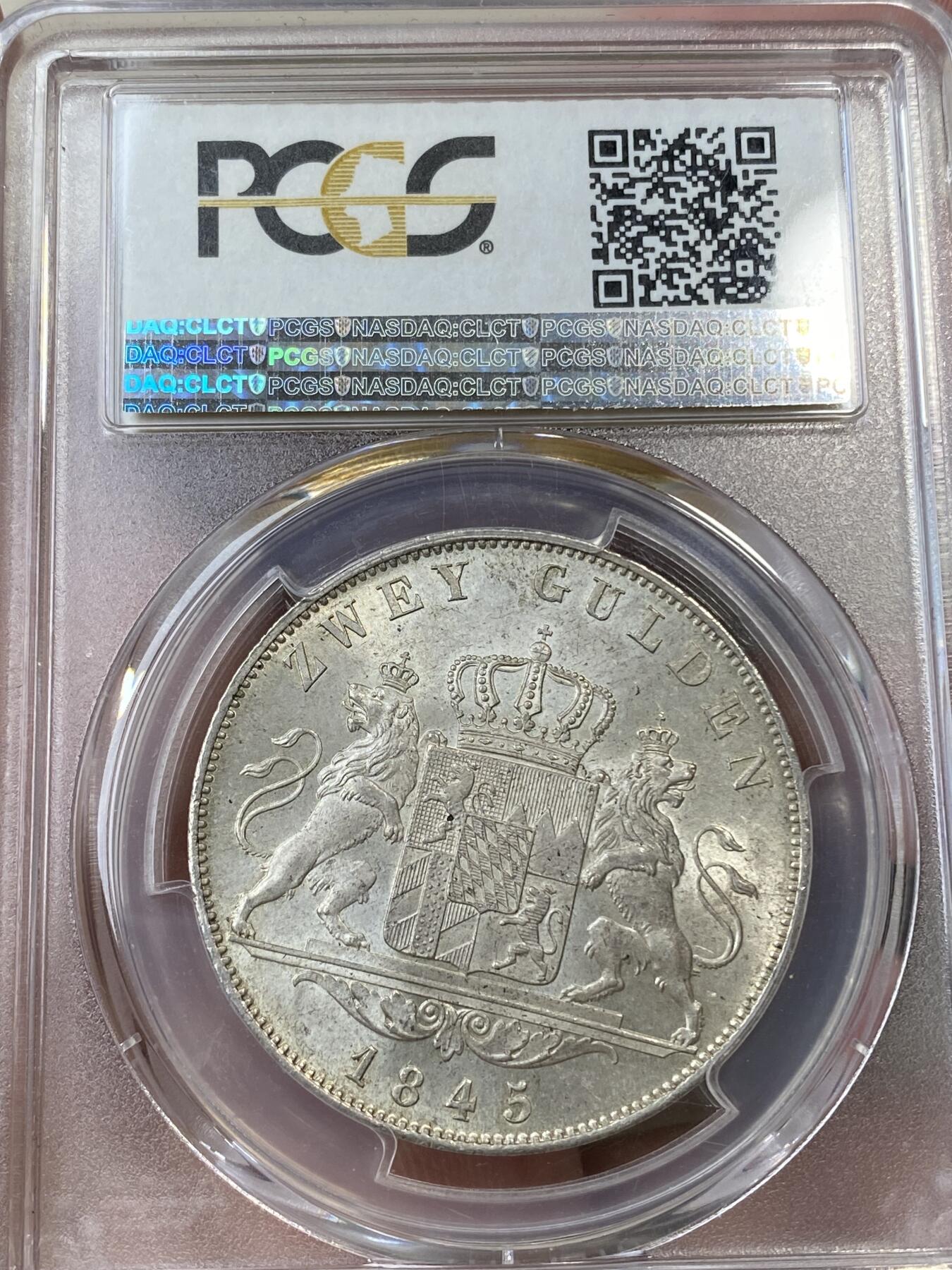 万国钱币拍卖第036期 PCGS MS63 1845年德国巴伐利亚路德维希一世双狮盾徽2古尔登大银币 路一流通2盾好品难得 银霜闪闪