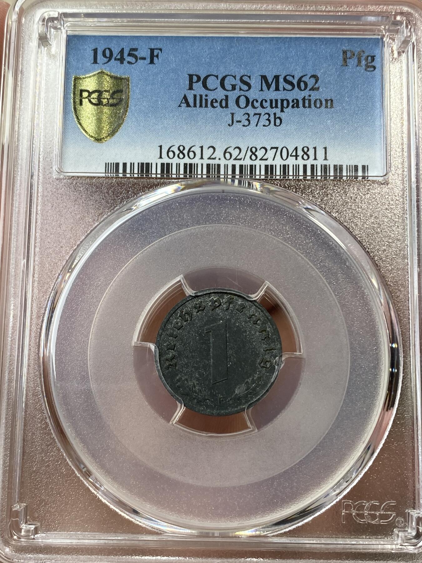 万国钱币拍卖第036期 PCGS MS62 1945F德国拔毛鹰1芬尼锌币 原味好品难得