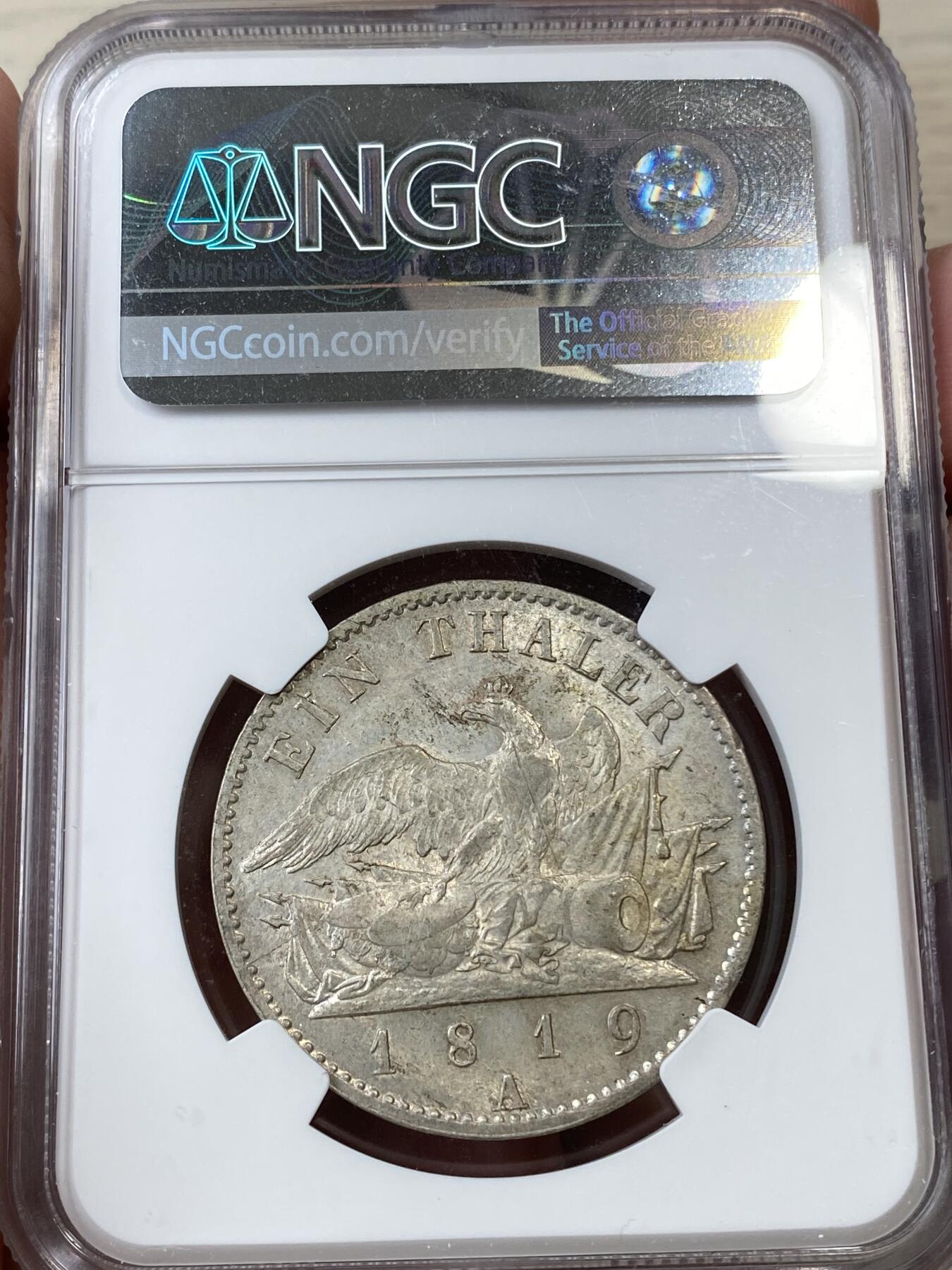 万国钱币拍卖第036期 NGC AU58 1819普鲁士威廉三世鹰炮泰勒 普鲁士名誉品种 原光好品难得