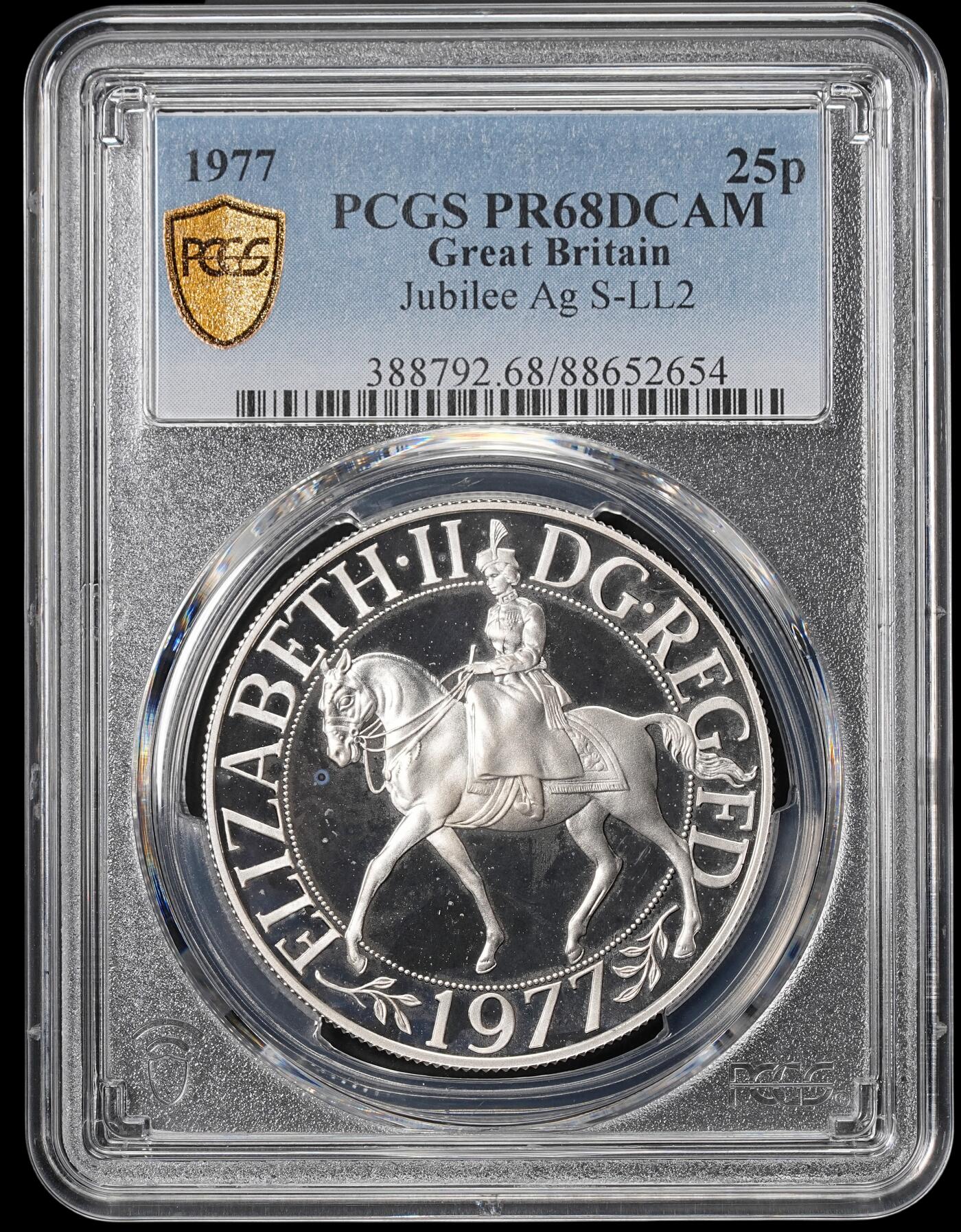 修遠堂世界钱币第四十六期 全场包邮 PCGS PR68DCAM 1977年英国女王登基25周年纪念25便士精制大银币 雾状氧化未养护 有原盒