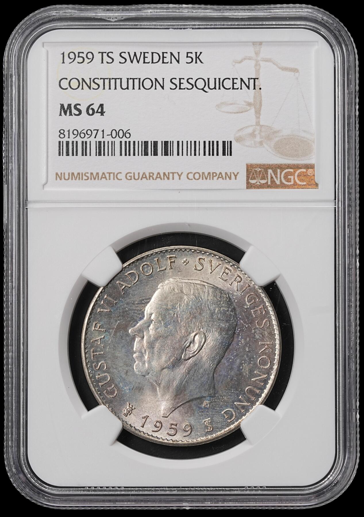 修遠堂世界钱币第四十六期 全场包邮 NGC MS64 1959年瑞典宪法150周年纪念5克朗大银币