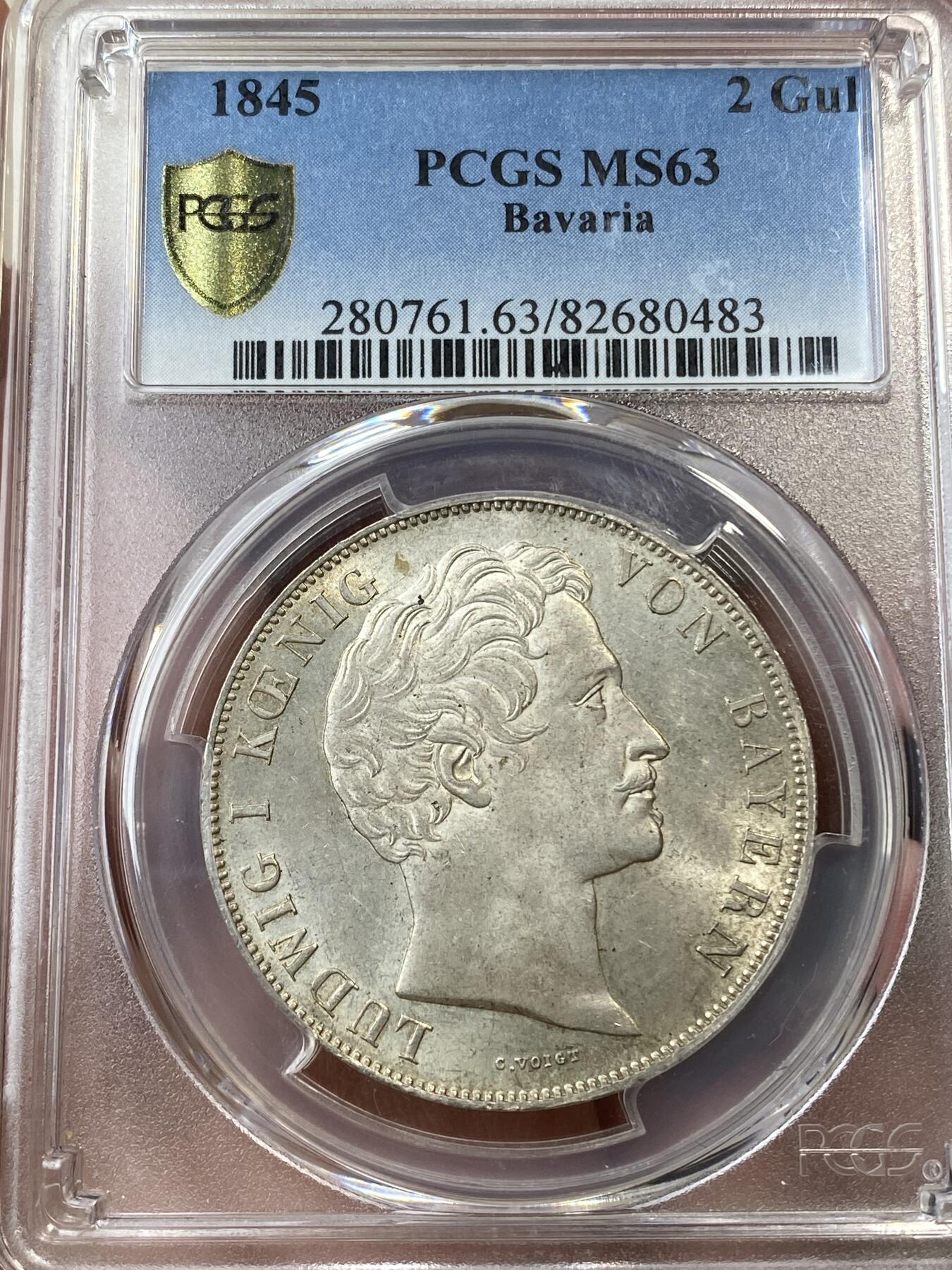 万国钱币拍卖第036期 PCGS MS63 1845年德国巴伐利亚路德维希一世双狮盾徽2古尔登大银币 路一流通2盾好品难得 银霜闪闪