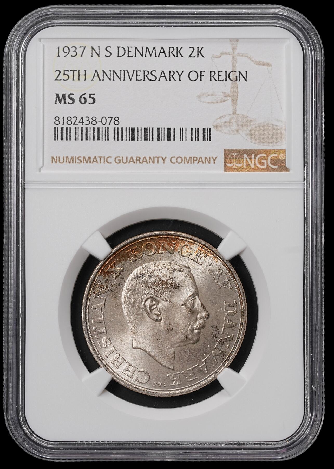 修遠堂世界钱币第四十六期 全场包邮 NGC MS65 1937丹麦国王执政25周年纪念2克朗银币