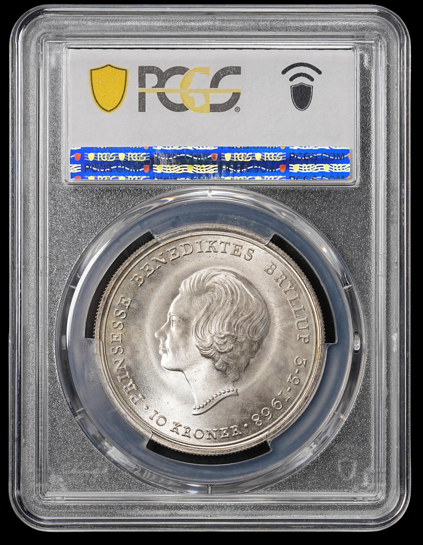 修遠堂世界钱币第四十六期 全场包邮 PCGS MS67 1968年丹麦公主本尼迪克特结婚纪念10克朗银币 20.40g，含银80%