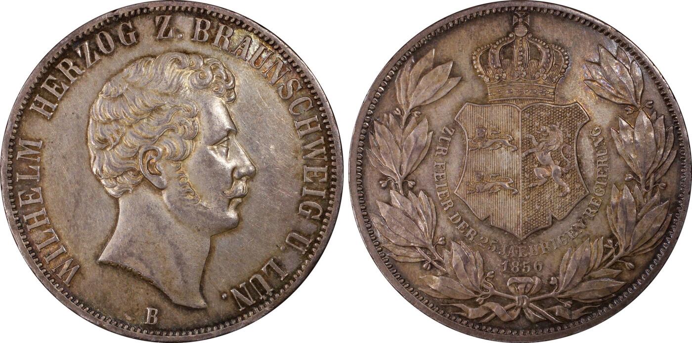 万国钱币拍卖第036期 PCGS AU58 1856年德国不伦瑞克-狼堡加冕25周年纪念流通2泰勒 经典登基品种 铸造精良 通体酱彩