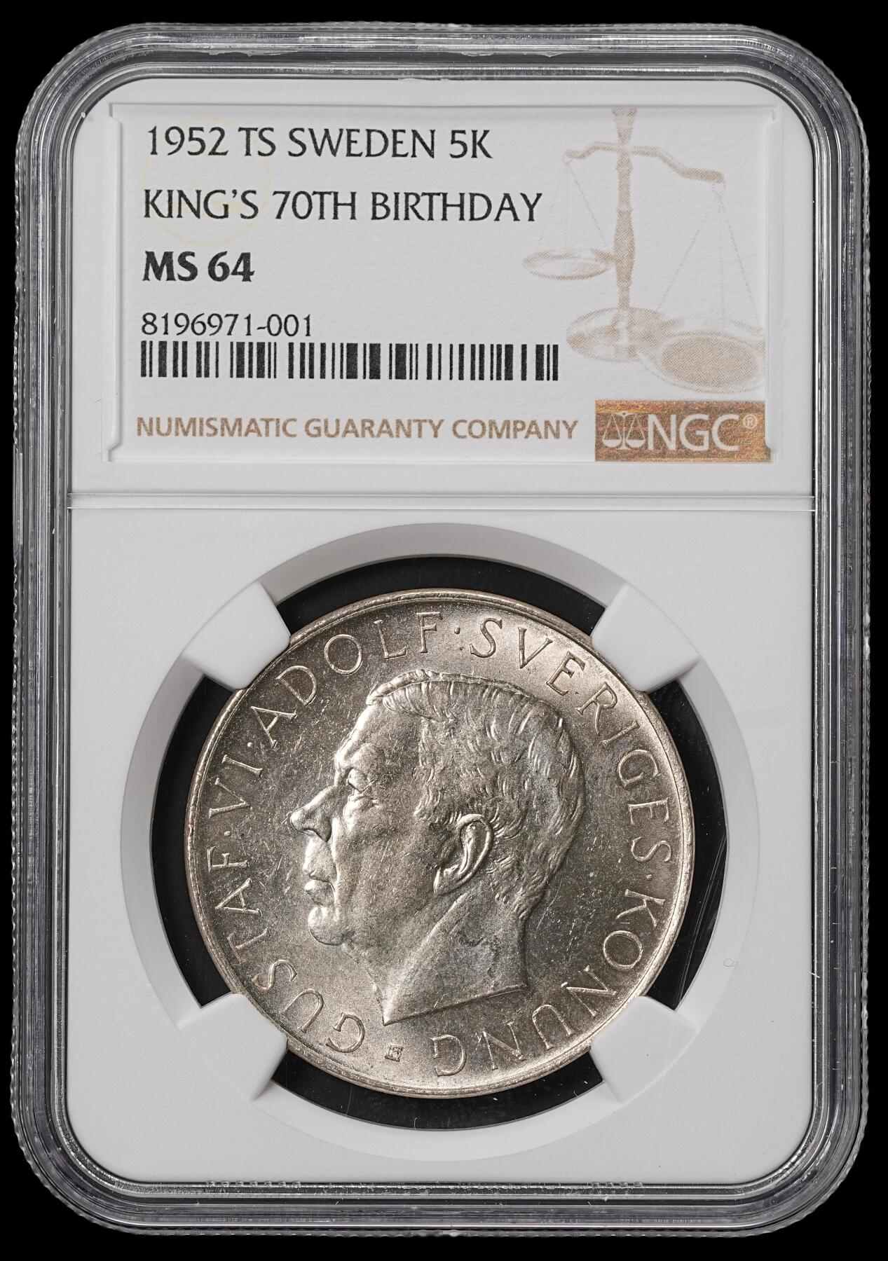 修遠堂世界钱币第四十六期 全场包邮 NGC MS64 1952年瑞典国王斯塔夫六世·阿道夫70大寿5克朗大银币