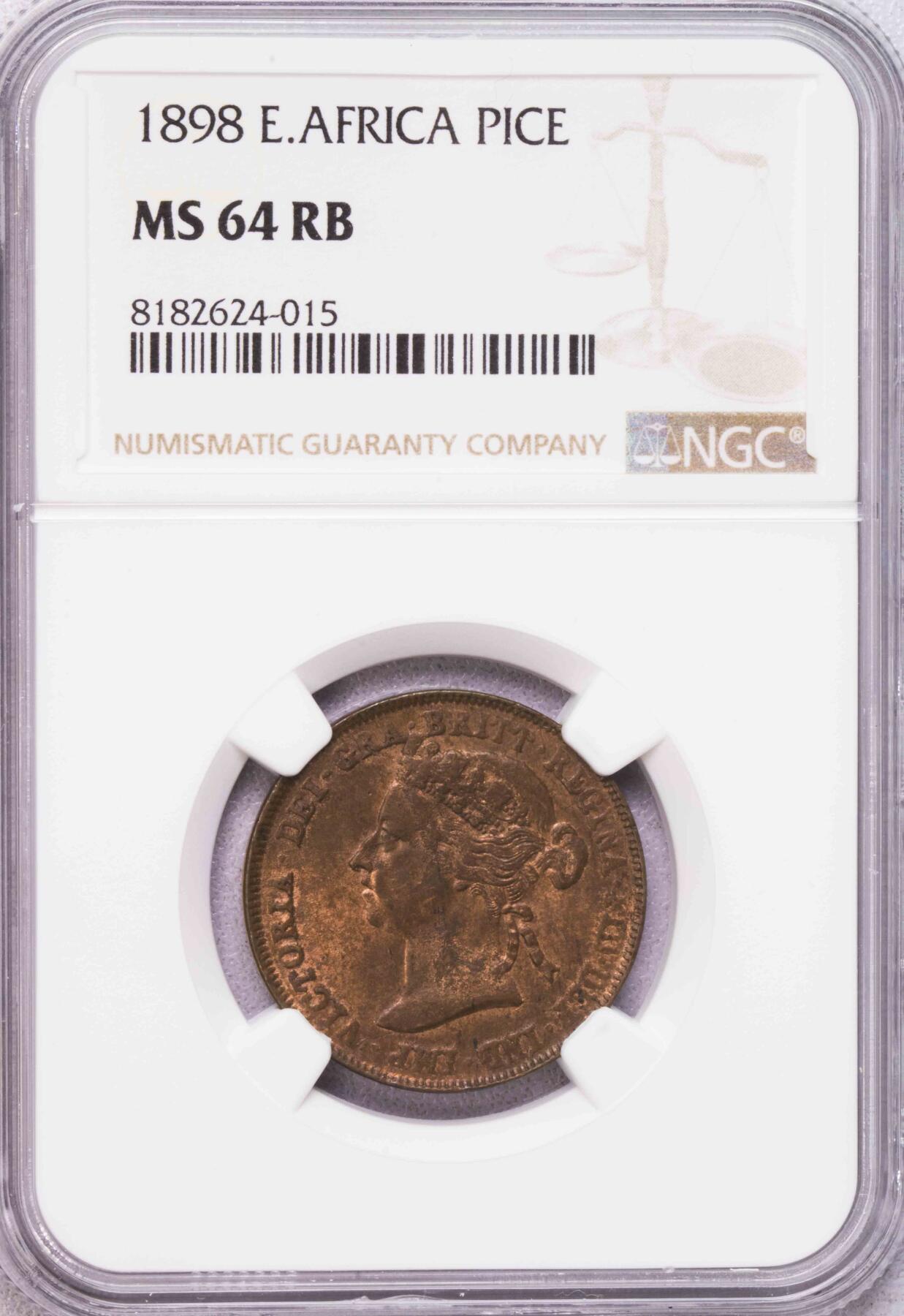 NGC-MS64RB 1898东非保护地维多利亚1派沙铜币 唯一冠军