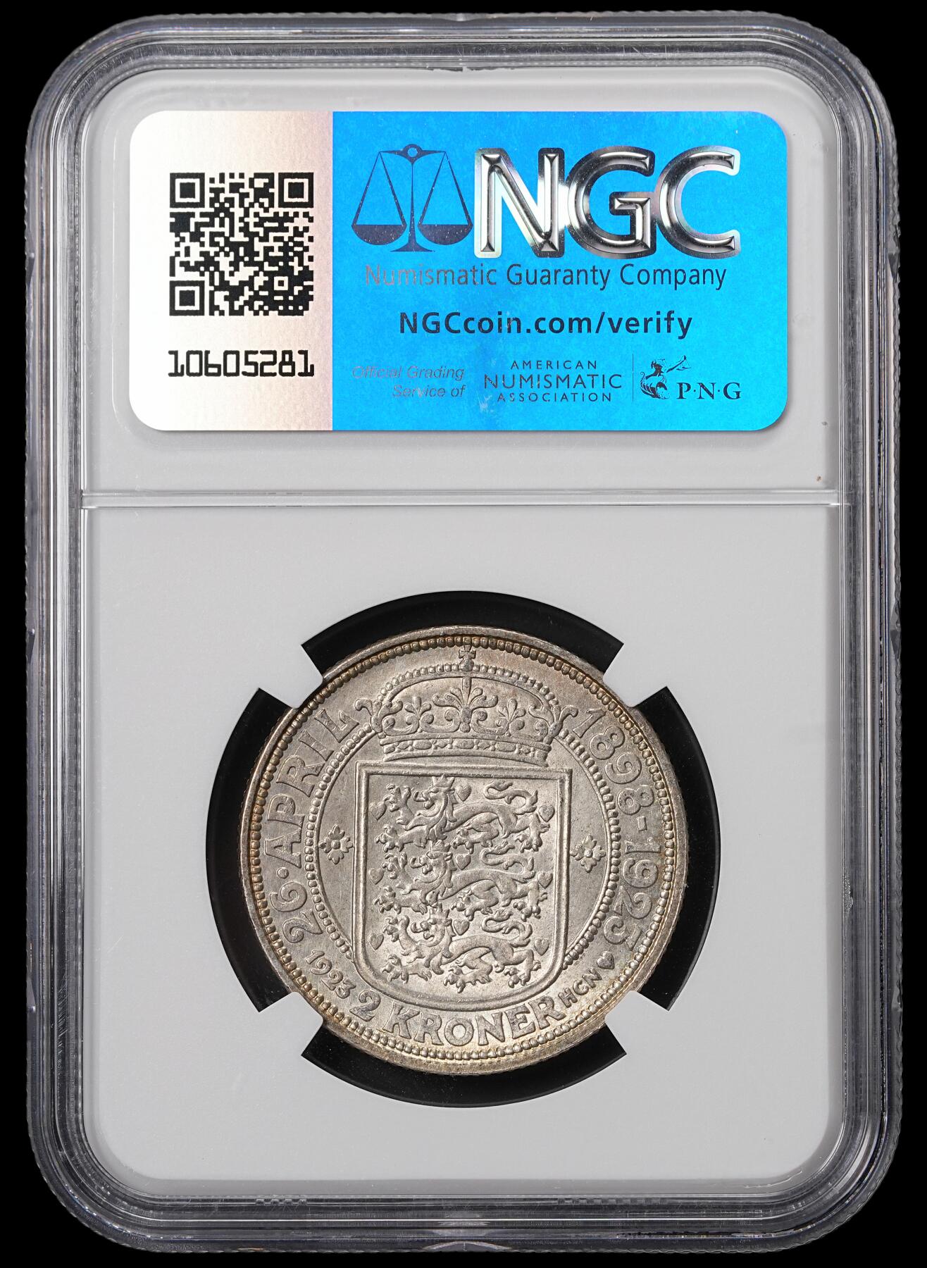 修遠堂世界钱币第四十六期 全场包邮 NGC MS65 1923年丹麦国王银婚纪念2克朗银币