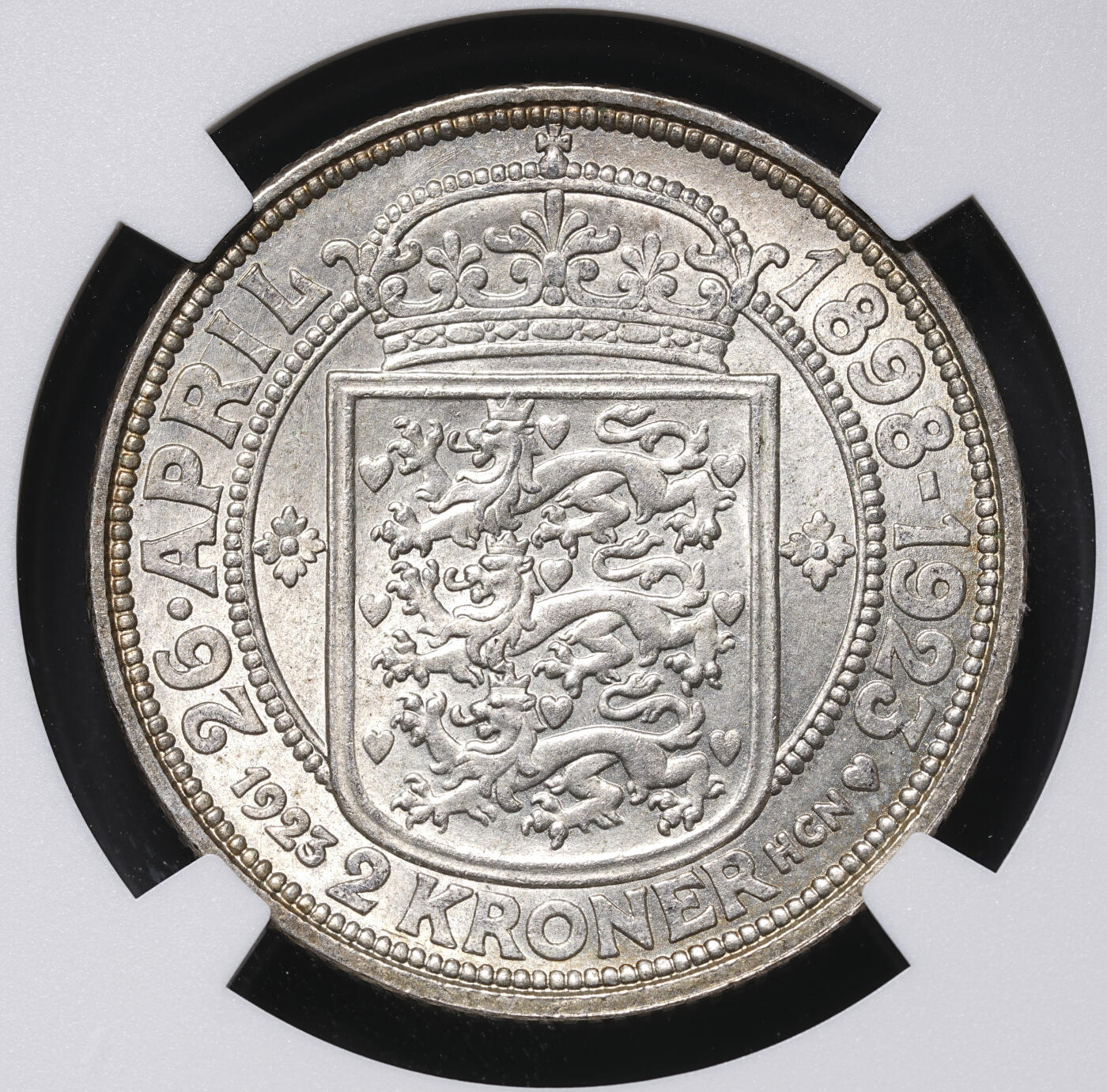修遠堂世界钱币第四十六期 全场包邮 NGC MS65 1923年丹麦国王银婚纪念2克朗银币
