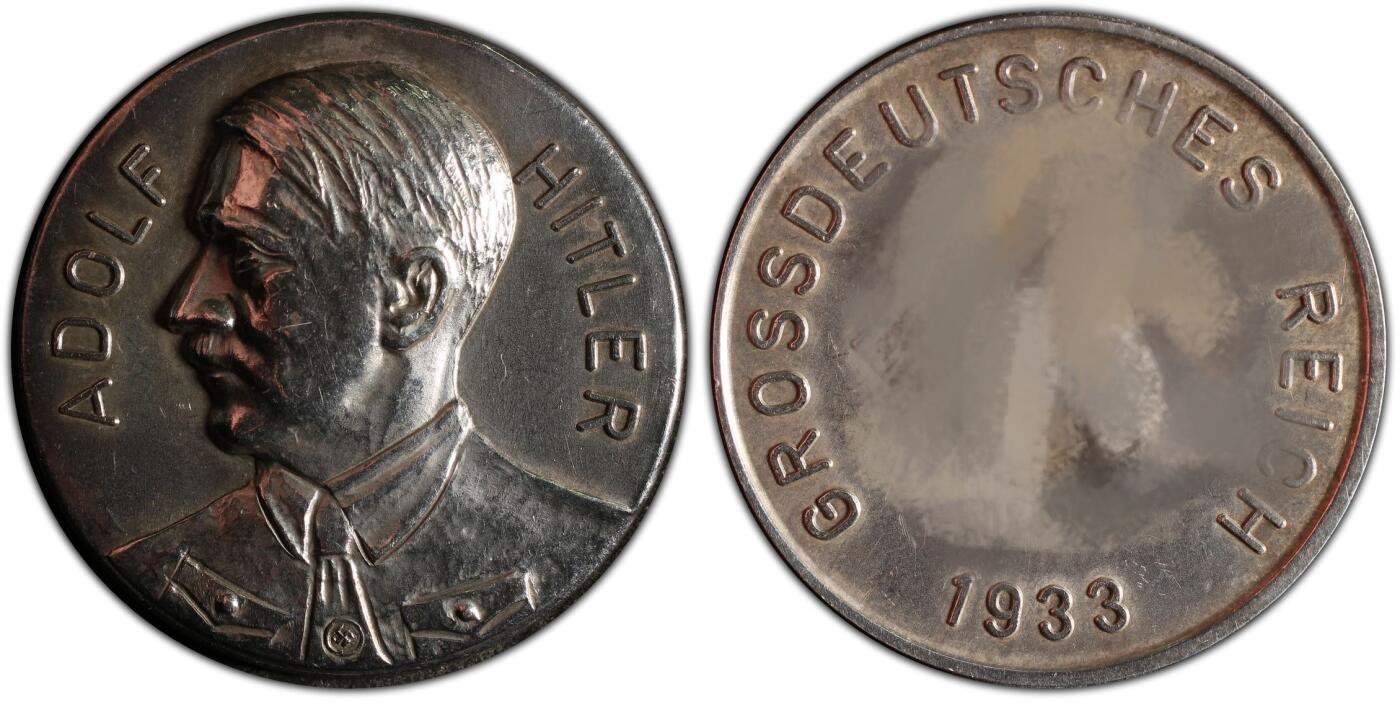 万国钱币拍卖第036期 PCGS UNCD 1933年德国民族社会主义工人党党魁当选帝国总理纪念银章 高浮雕早期年轻胡子哥 罕见品种（原图请私信后台或自行查询官网）