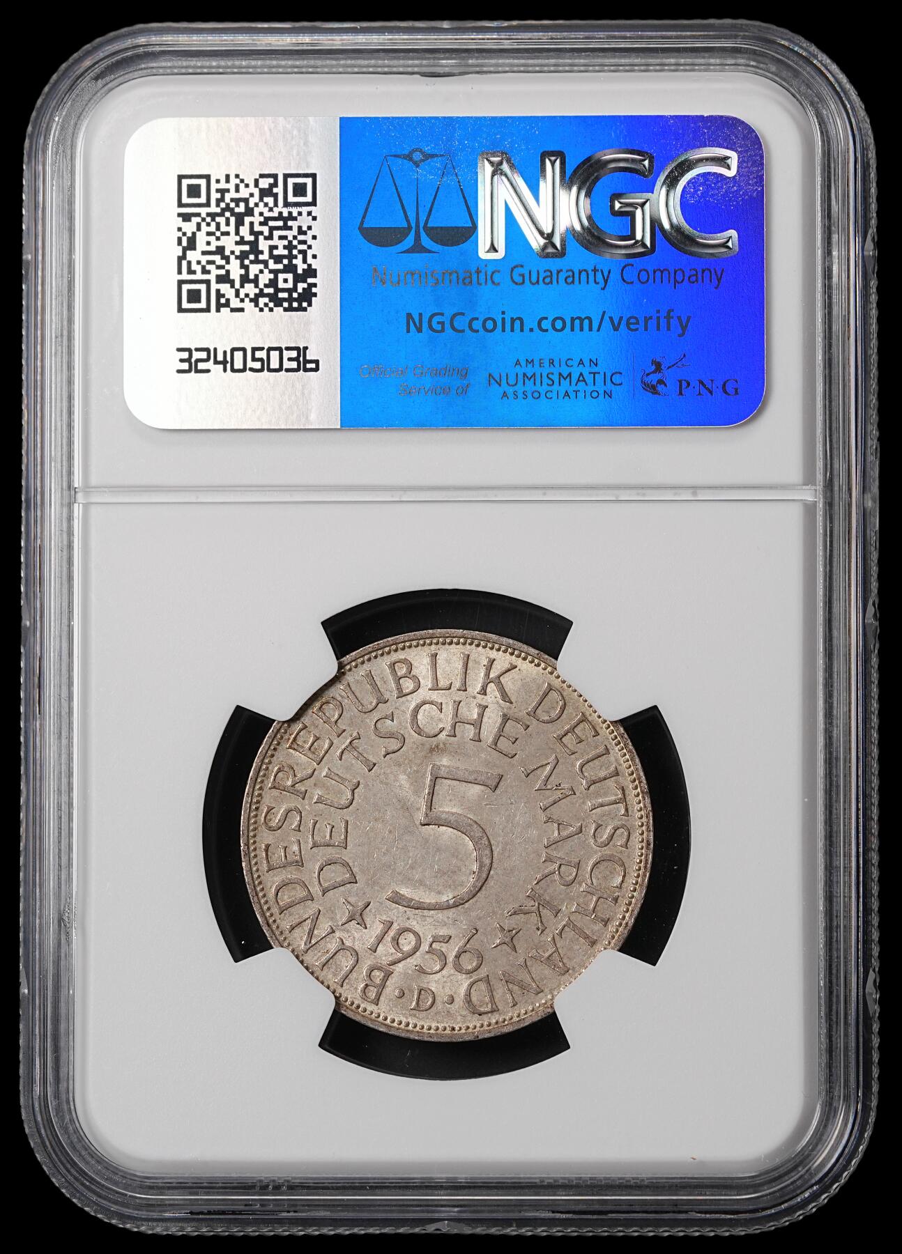 修遠堂世界钱币第四十六期 全场包邮 NGC MS63 1956年西德5马克银币 D厂铭 西德早期5马克MS稀少 书价高 MS63品185美金