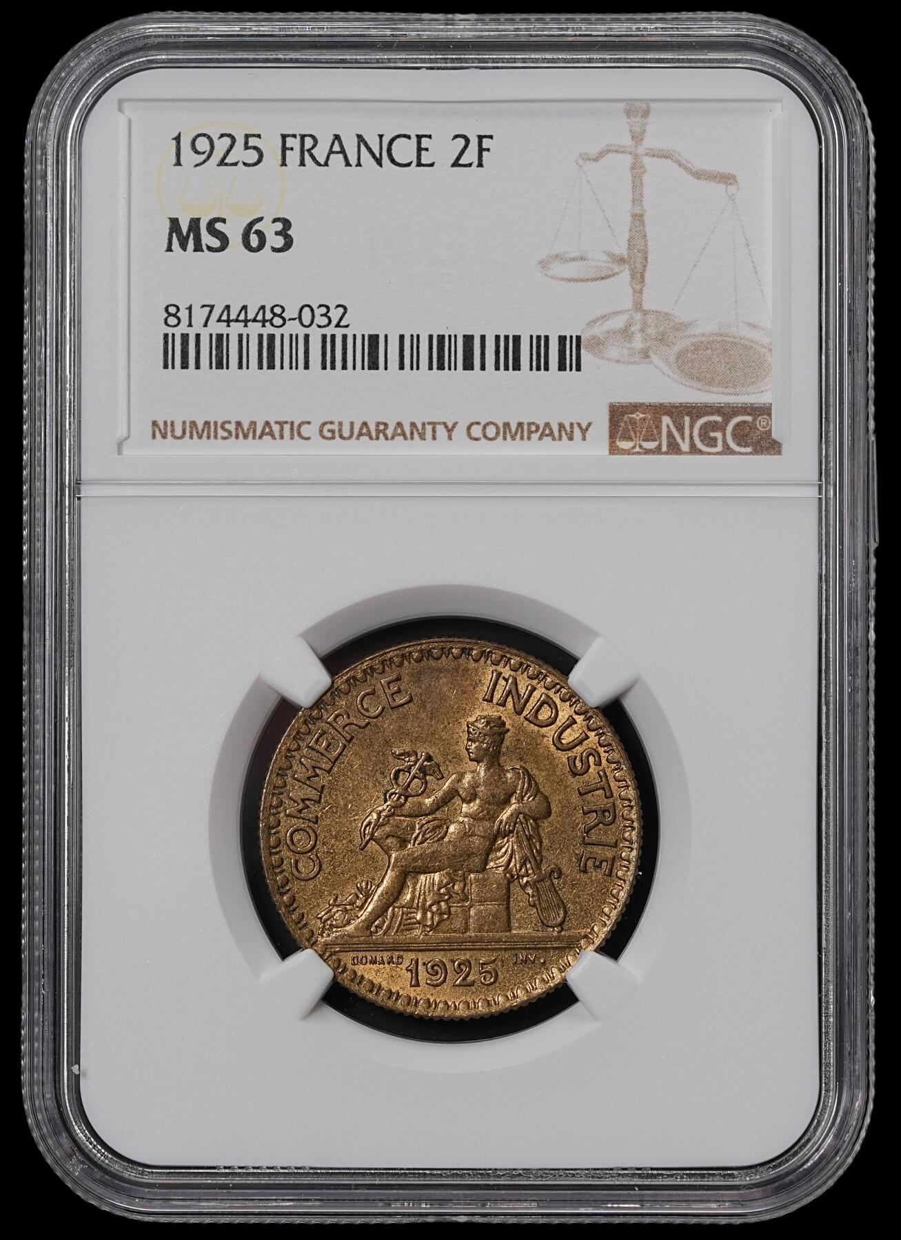 修遠堂世界钱币第四十六期 全场包邮 NGC MS63 1925年法国坐人2法郎铜币
