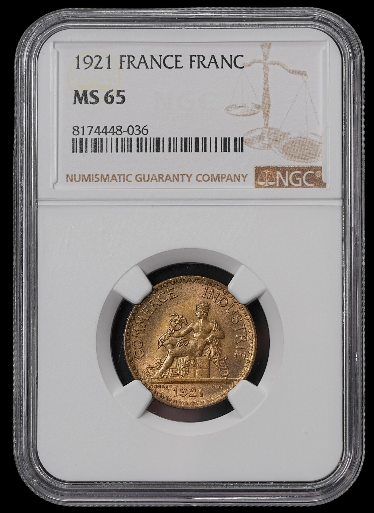 修遠堂世界钱币第四十六期 全场包邮 NGC MS65 1921年法国坐人1法郎铜币