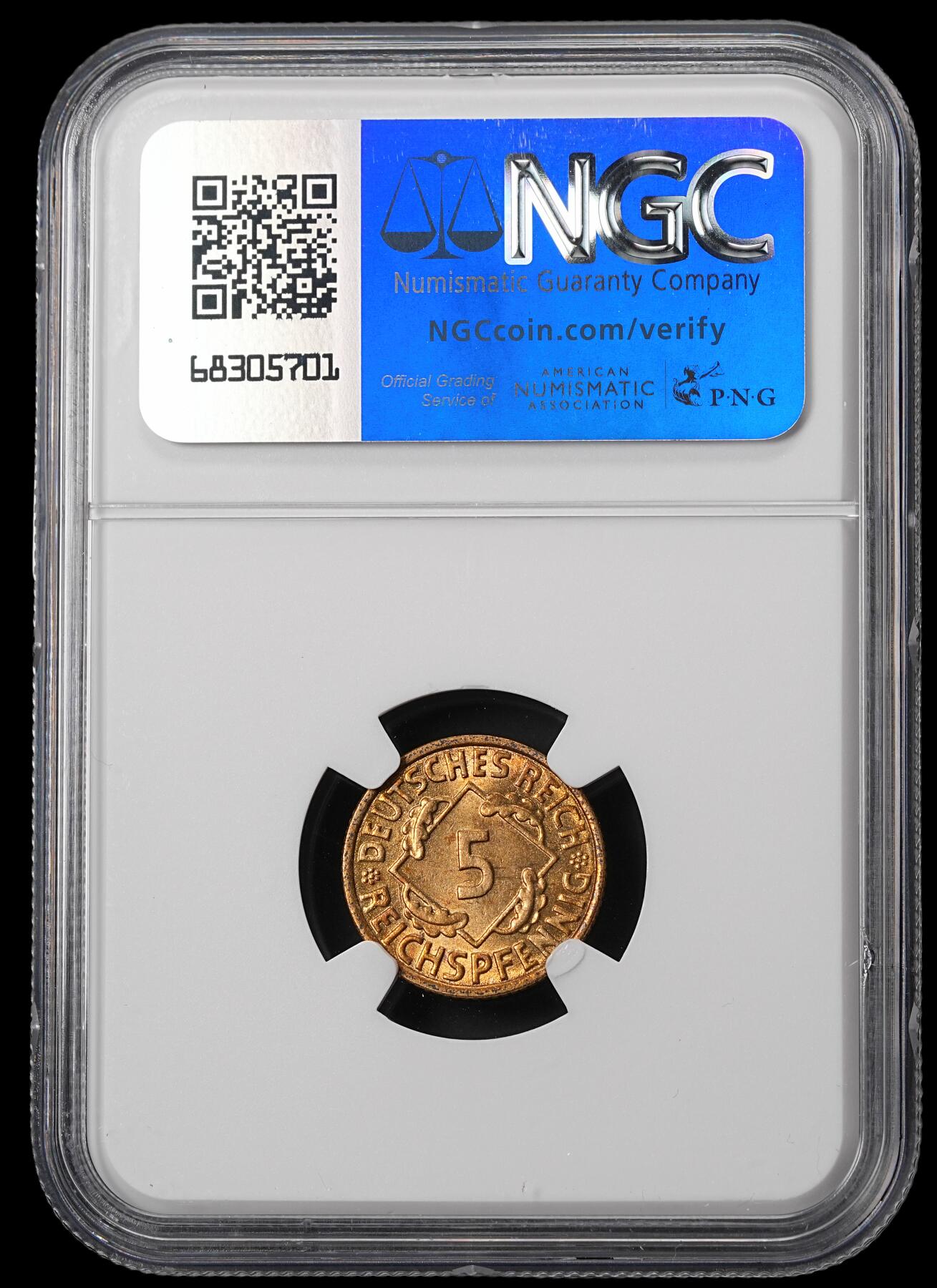 修遠堂世界钱币第四十六期 全场包邮 NGC MS63 1936年德国5芬尼铜币 F厂铭