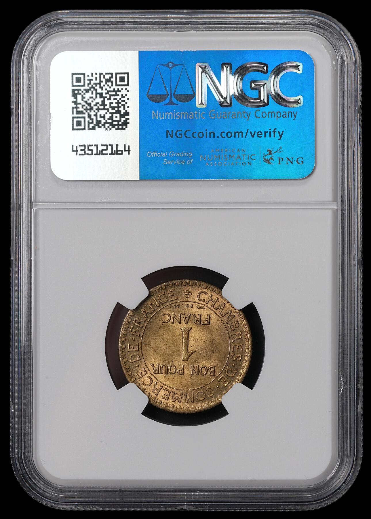 修遠堂世界钱币第四十六期 全场包邮 NGC MS65 1921年法国坐人1法郎铜币
