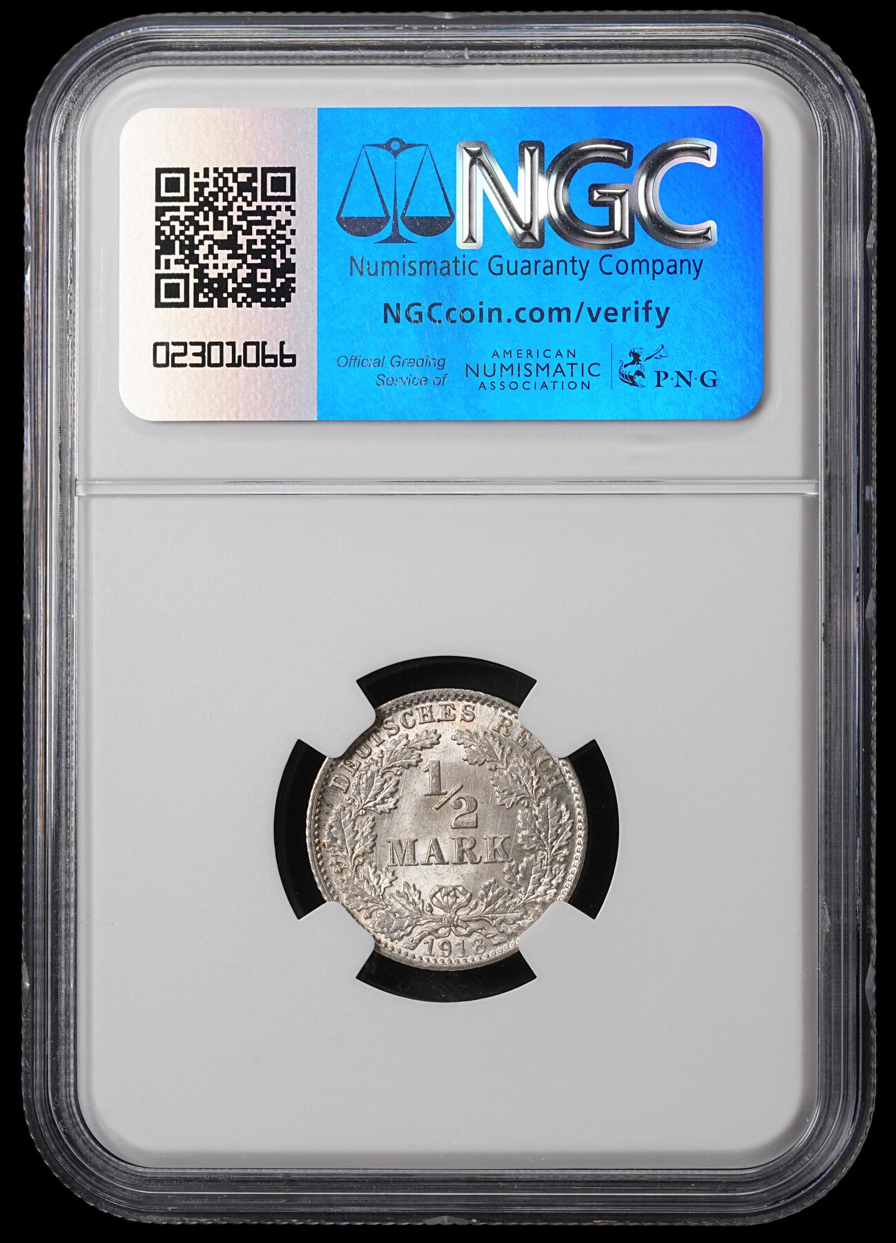 修遠堂世界钱币第四十六期 全场包邮 NGC MS67 1918年德国1/2马克银币 D厂铭