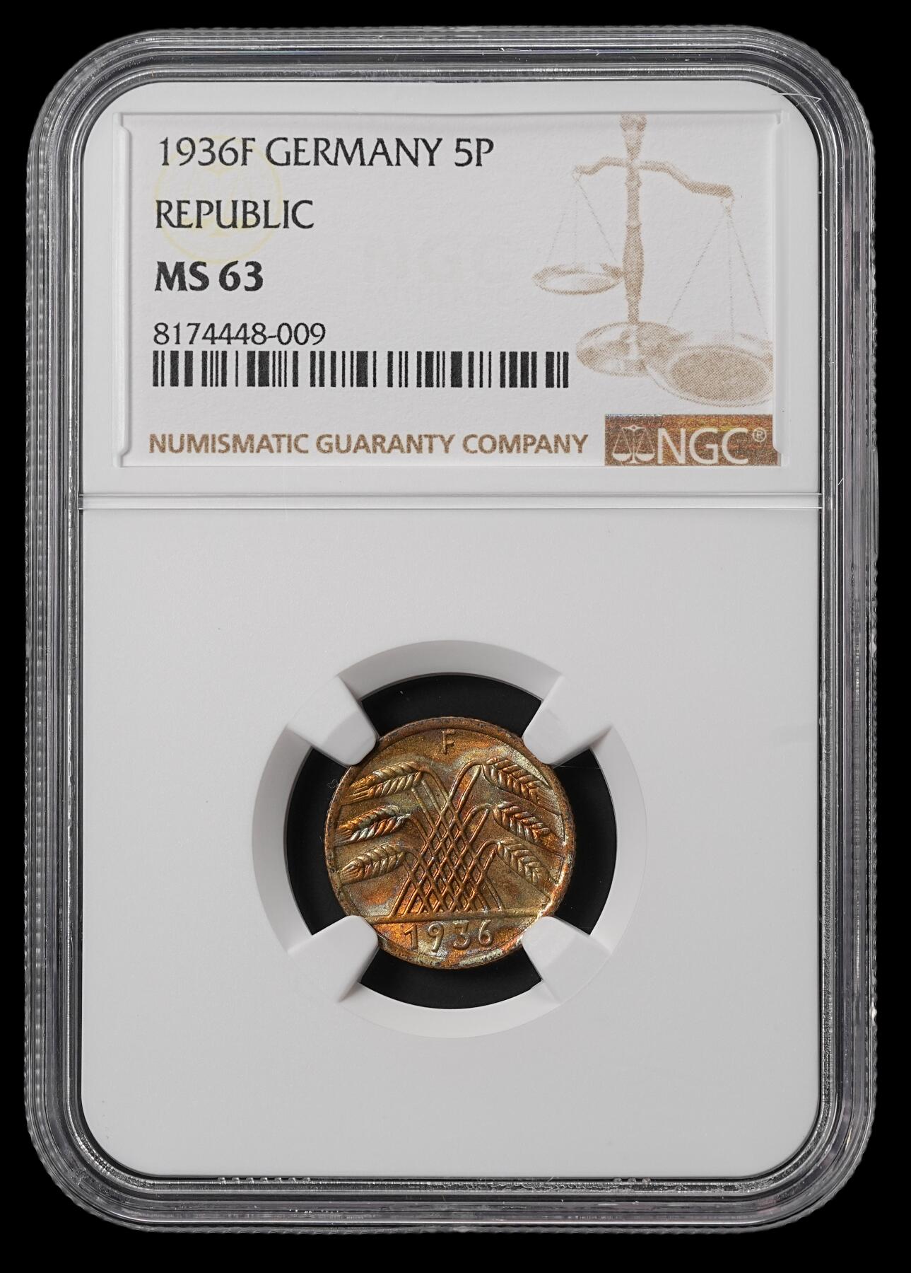 修遠堂世界钱币第四十六期 全场包邮 NGC MS63 1936年德国5芬尼铜币 F厂铭