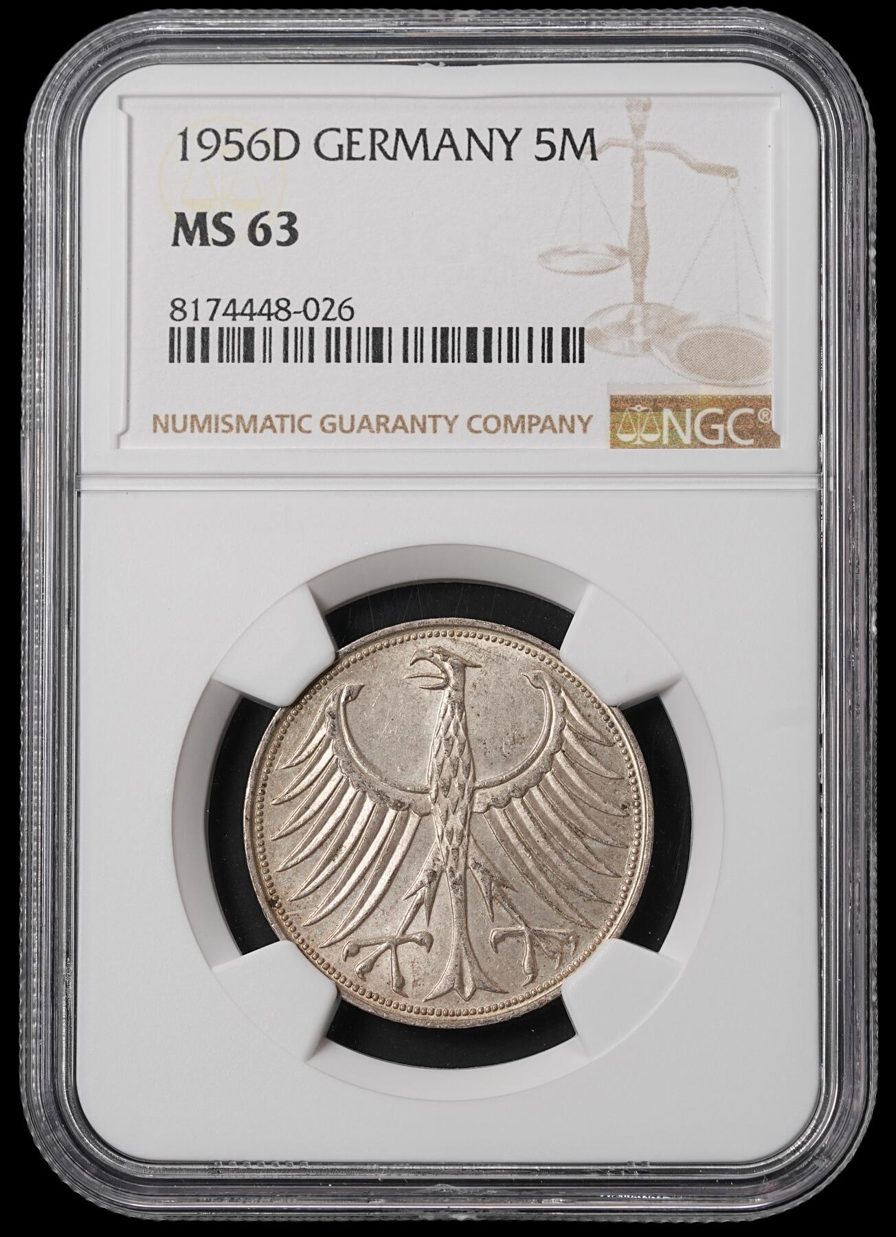 修遠堂世界钱币第四十六期 全场包邮 NGC MS63 1956年西德5马克银币 D厂铭 西德早期5马克MS稀少 书价高 MS63品185美金