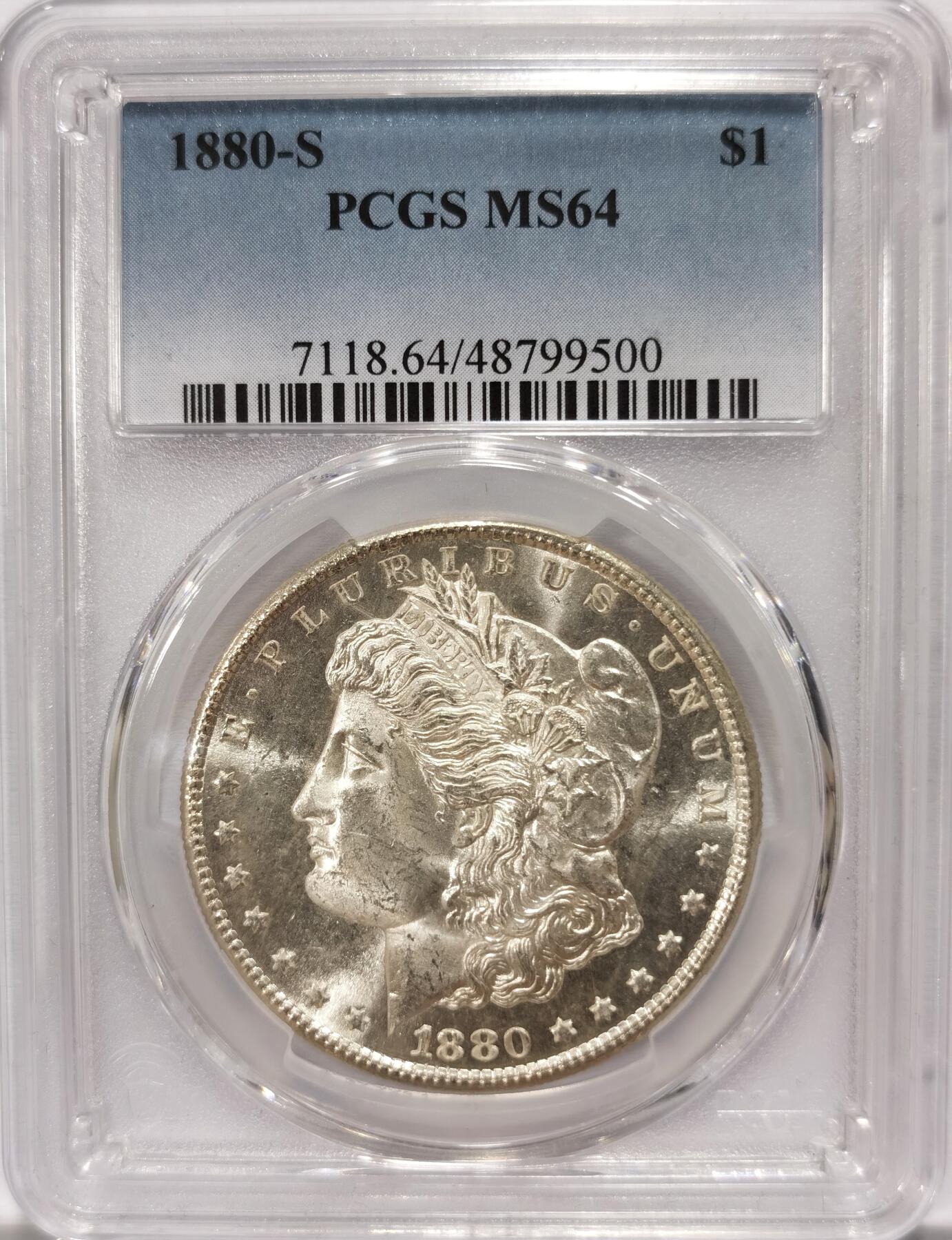 博洋堂世界钱币拍卖第098期（全场包邮） PCGS MS64 美国1880-S摩根大银币