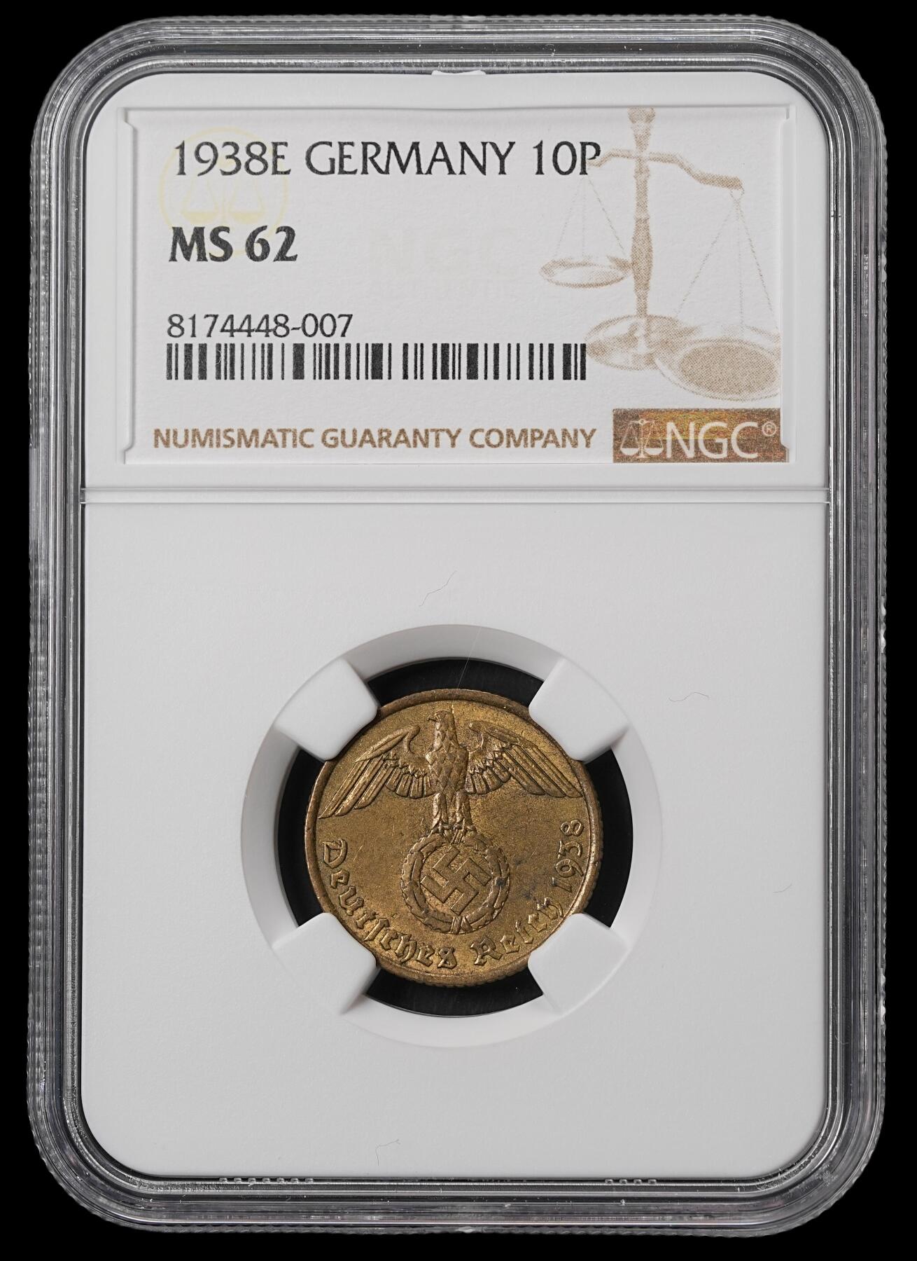 修遠堂世界钱币第四十六期 全场包邮 NGC MS62 1938年德三10芬尼铜币 E厂铭