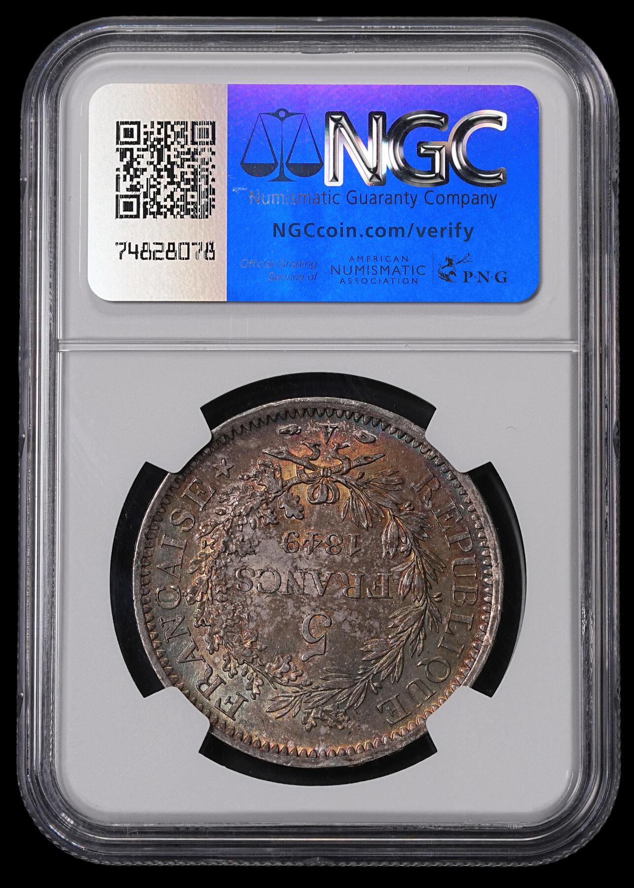 修遠堂世界钱币第四十六期 全场包邮 极美五彩 NGC MS63 1849年法国大力神5法郎大银币 A厂铭  少见的早期年份