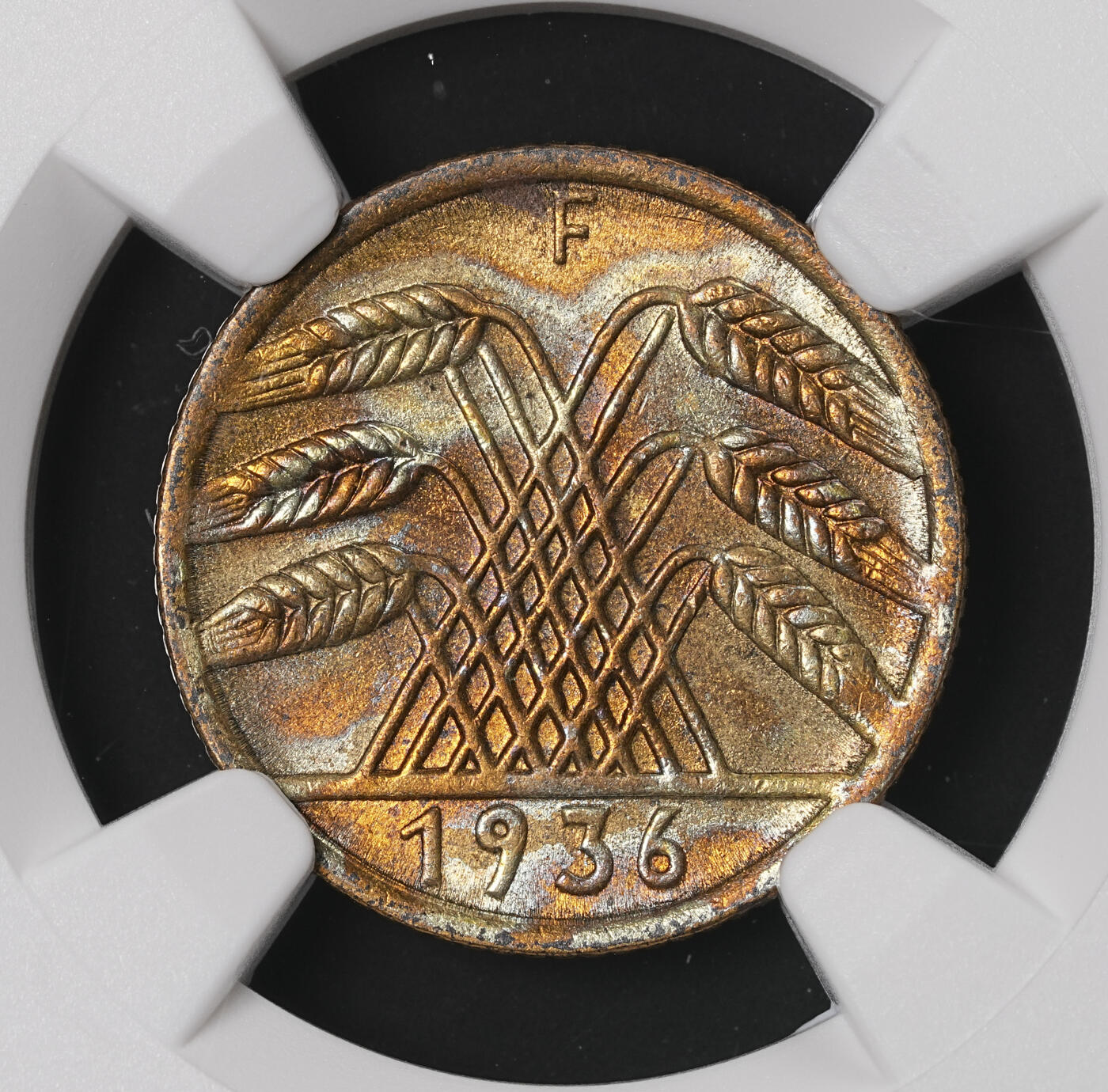 修遠堂世界钱币第四十六期 全场包邮 NGC MS63 1936年德国5芬尼铜币 F厂铭