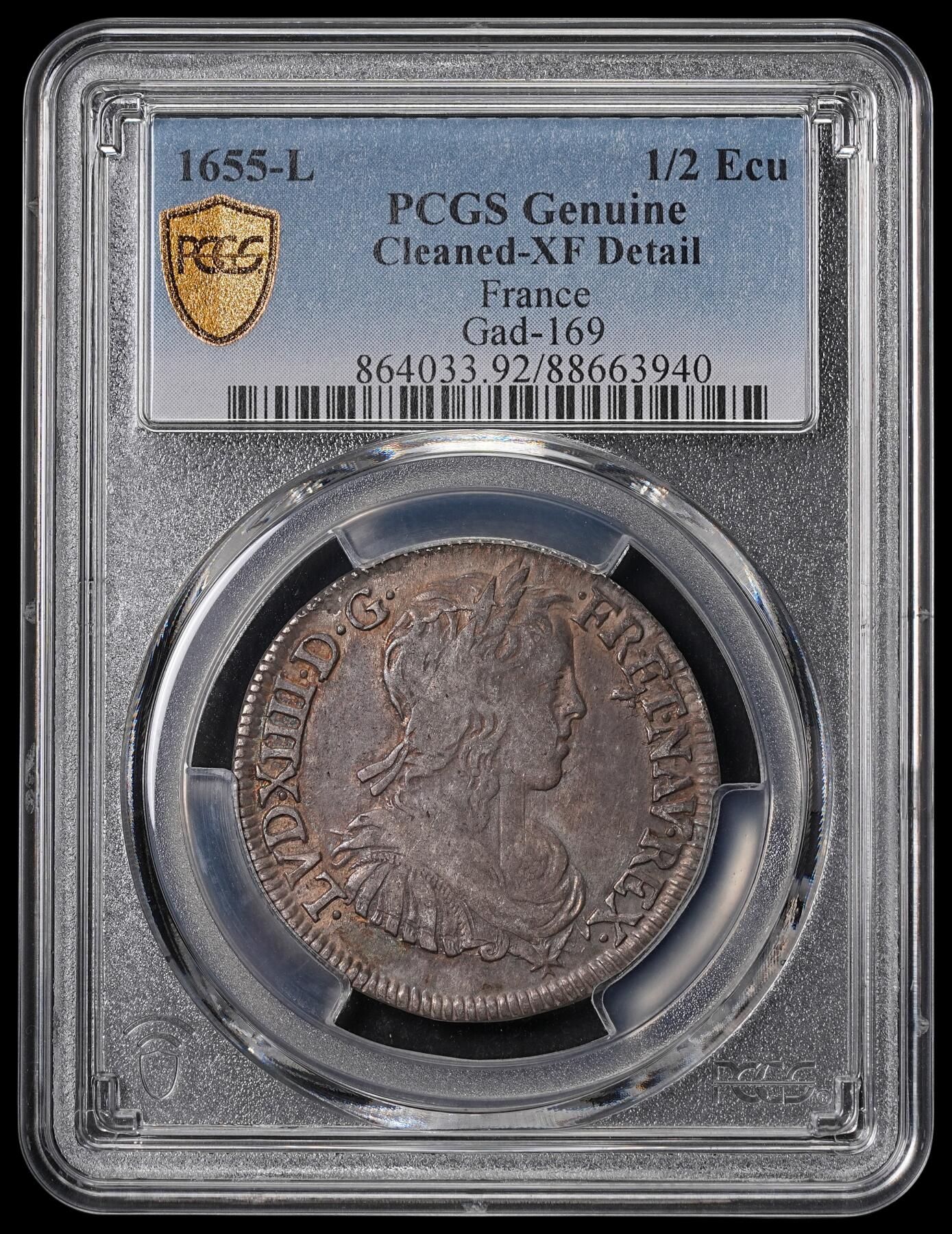 修遠堂世界钱币第四十六期 全场包邮 PCGS XFD 1655年法国1/2埃居银币 路易十四少年头像 L厂铭