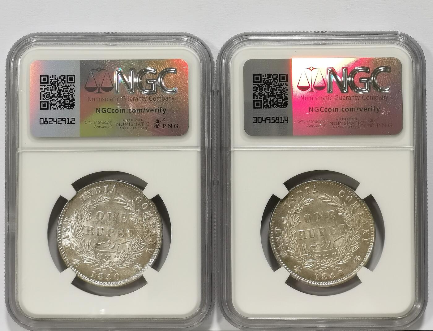 博洋堂世界钱币拍卖第098期（全场包邮） NGC AU58 英属东印度公司1840年维多利亚双辫版1卢比银币2枚一对2